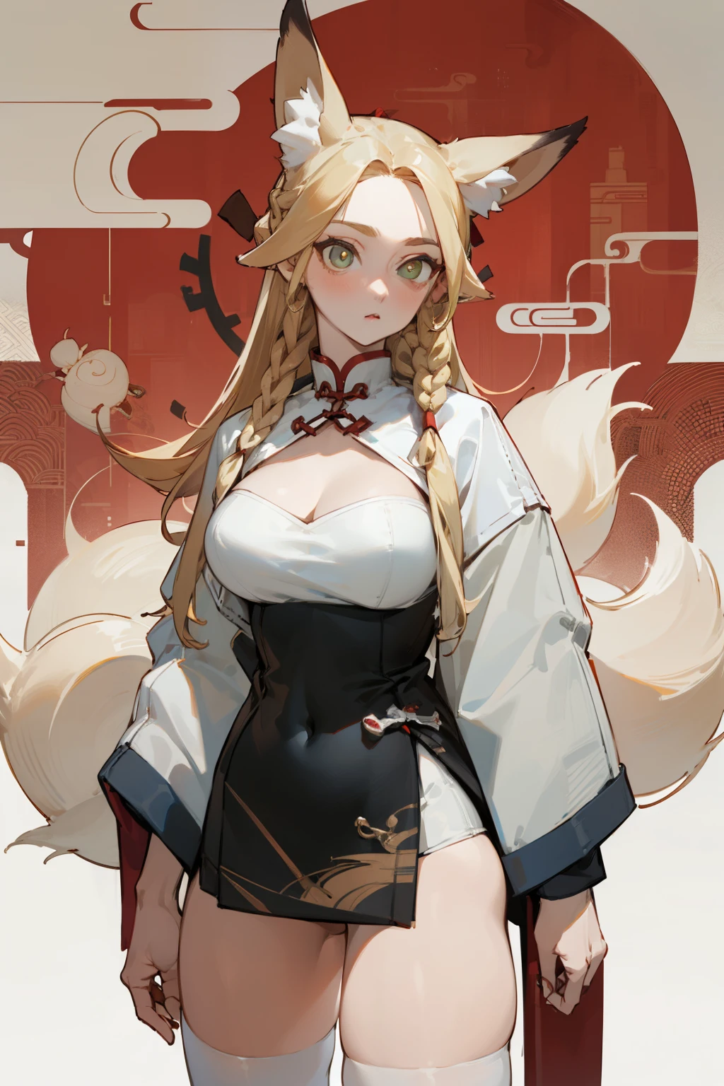 (masterpiece, highest quality) detailed, Wearing black tights, blonde ,elegant, (Fox Ears)，Red eyeshadow, ，Chinese element pattern，thigh，漏出thigh，White shirt，Deep V one piece swimsuit，bend over，Butt