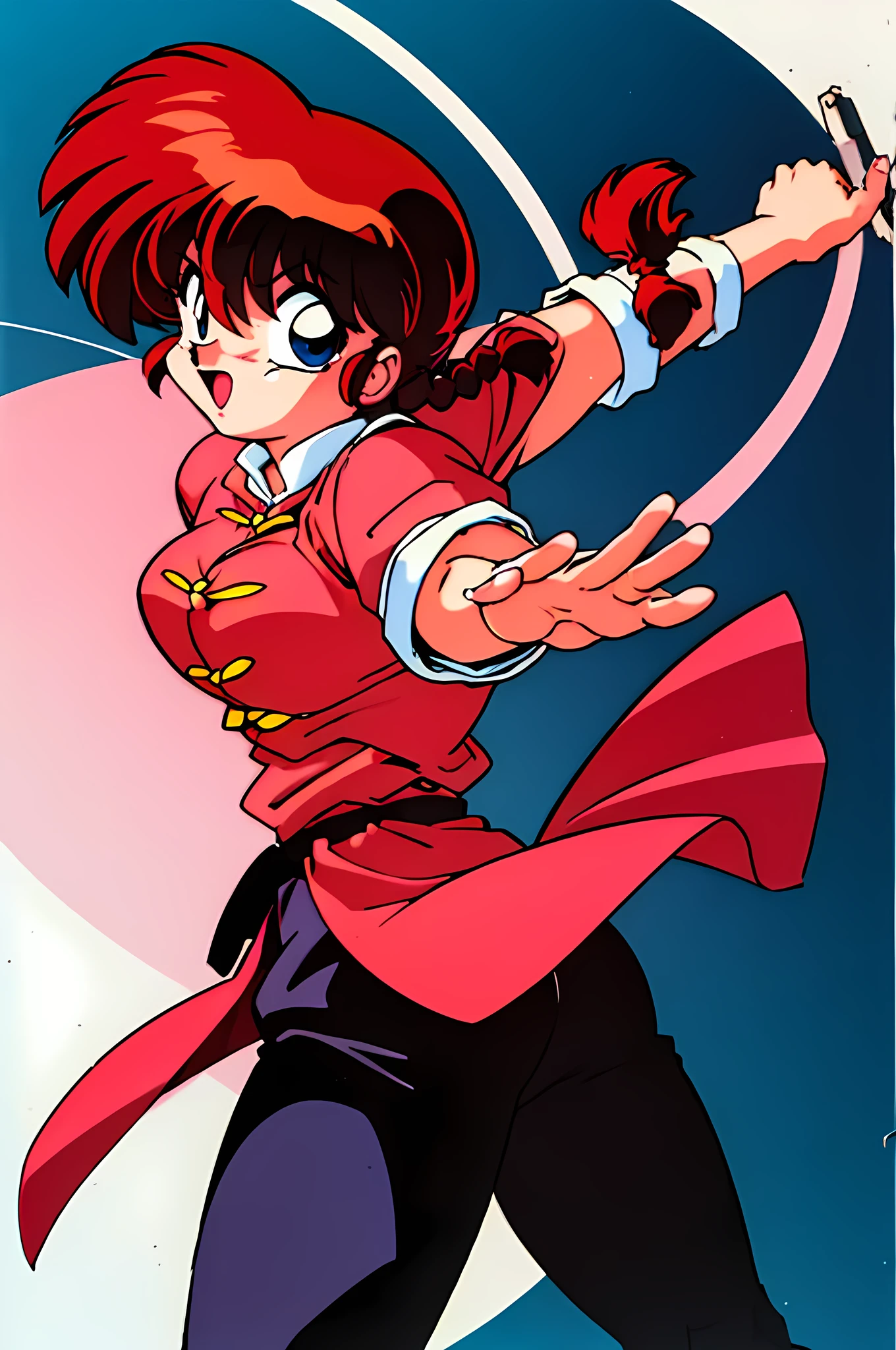 ((solo:1.52)),
1990s \(style\),retro artstyle,((RanmaChan:1.52)),ranma red shirt,black pants,
Dynamic Pose，