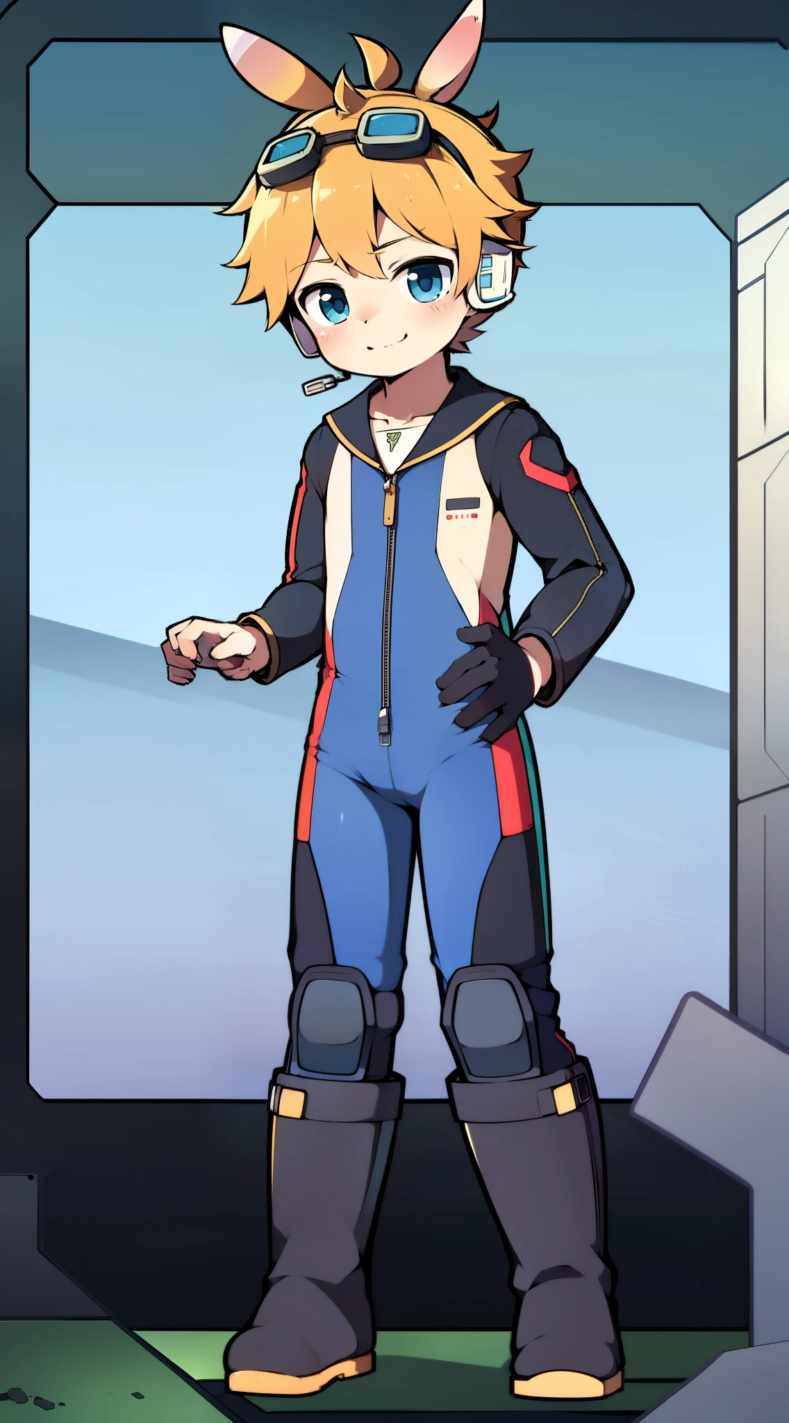 2D Boy Shota，One-piece combat suit，Slim, healthy body，Put the headphones on your head，stand up，goggles，Rabbit ears，happy，Sailor collar，tie，Zipper pulled down，boots，Charming