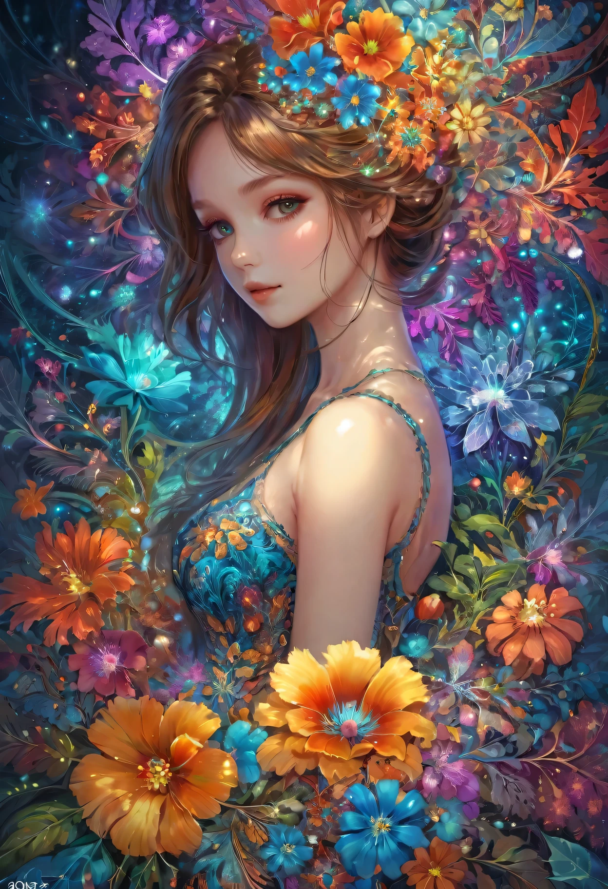 1 Girl,(masterpiece, top quality, best quality, official art, Beautiful and beautiful:1.2), (1 Girl), Extremely detailed,Flowers,(Fractal Art:1.3),rich and colorful,The most detailed,