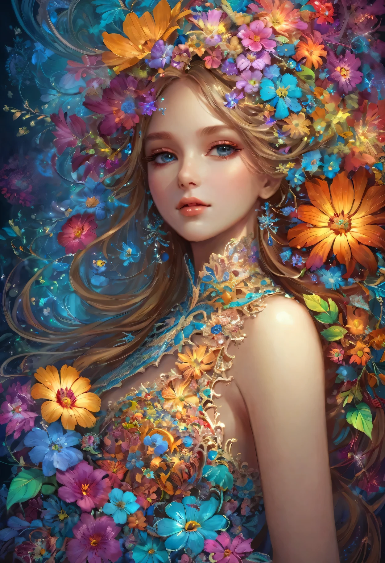 1 Girl,(masterpiece, top quality, best quality, official art, Beautiful and beautiful:1.2), (1 Girl), Extremely detailed,Flowers,(Fractal Art:1.3),rich and colorful,The most detailed,