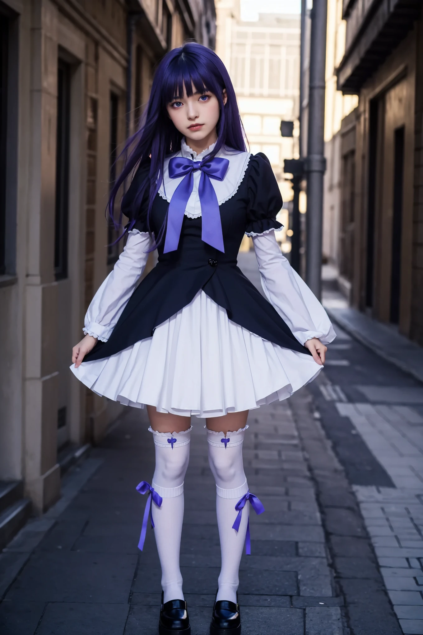 (masterpiece, best quality), 1girl, frederica bernkastel, purple eyes, purple hair, long hair, purple bow, dress, frills, white kneehighs,  kneehighs bow, mary janes, amazingly beautiful girl, 32k RAW photography, professional photoshoot, ultra detailed,