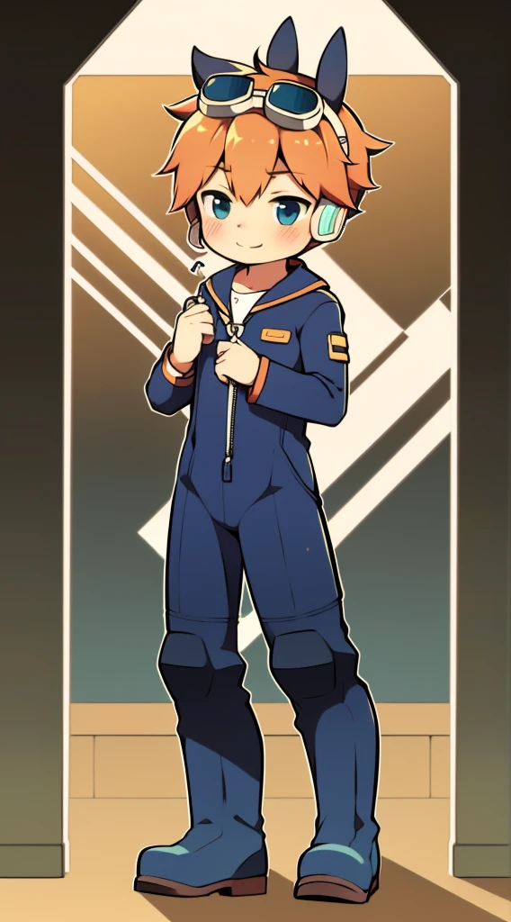 2D Boy Shota,One-piece combat suit,Slim, healthy body,Put the headphones on your head,stand up,goggles,Rabbit ears,happy,Sailor collar,tie,Zipper pulled down,boots,Charming,Fighting Stance