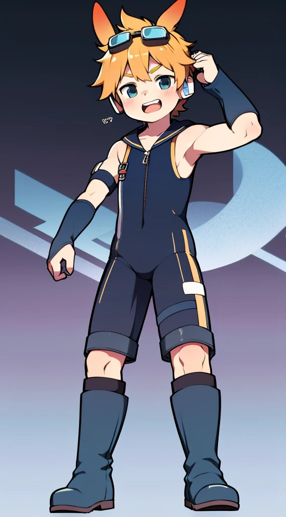 2D Boy Shota，One-piece combat suit，Slim, healthy body，Put the headphones on your head，stand up，goggles，Rabbit ears，happy，Sailor collar，tie，Zipper pulled down，boots，Charming，Fighting Stance
