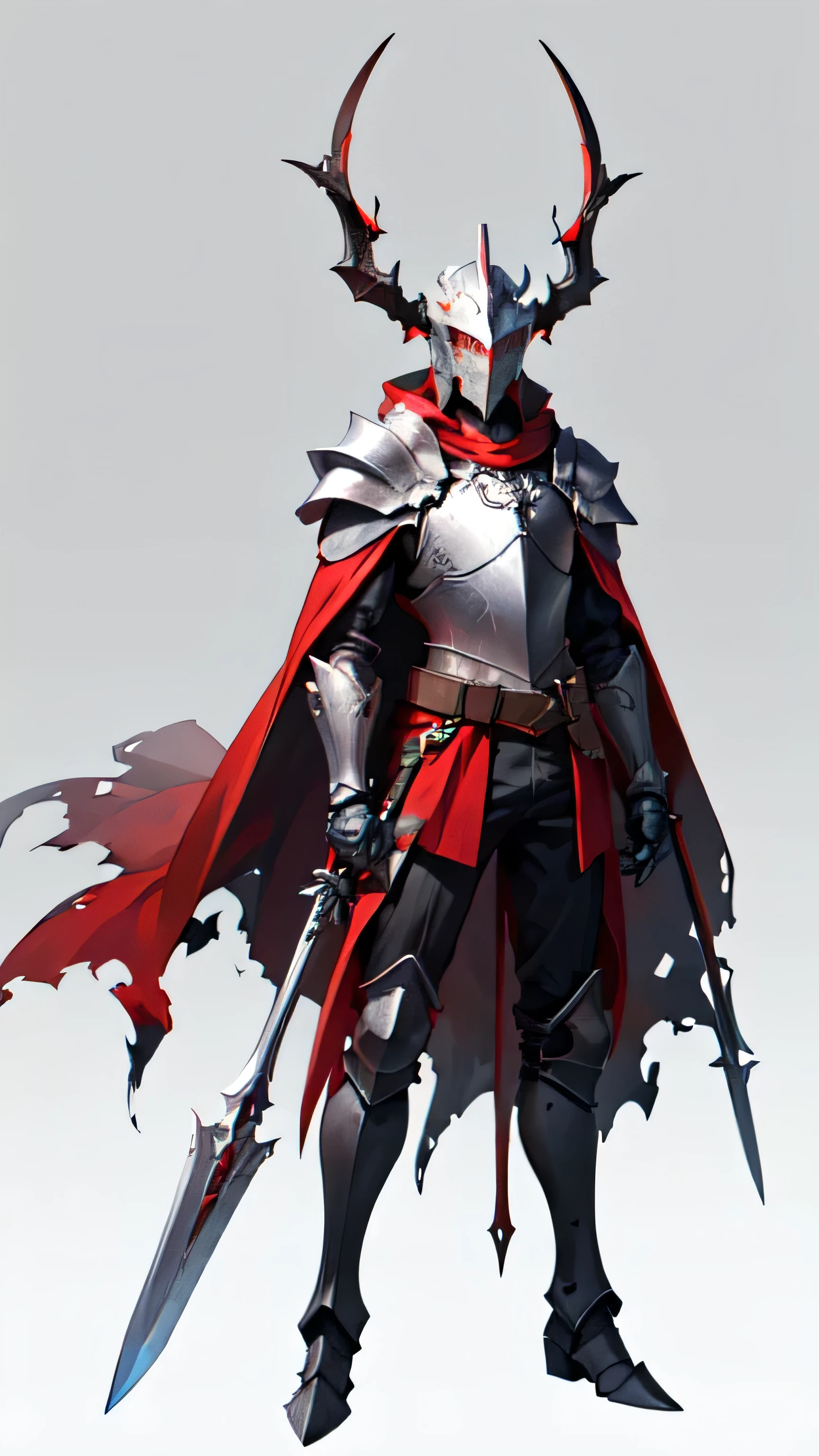 (masterpiece:1.2), best quality,PIXIV,
robot boy,weapon, sword, armor, holding weapon, holding, holding sword, solo, gauntlets, cape, red cape, full armor, helmet, torn cape, male focus, standing, glowing, shoulder armor, red theme, pauldrons, breastplate, torn clothes, greaves, crack, horns, knight, torn, armored boots