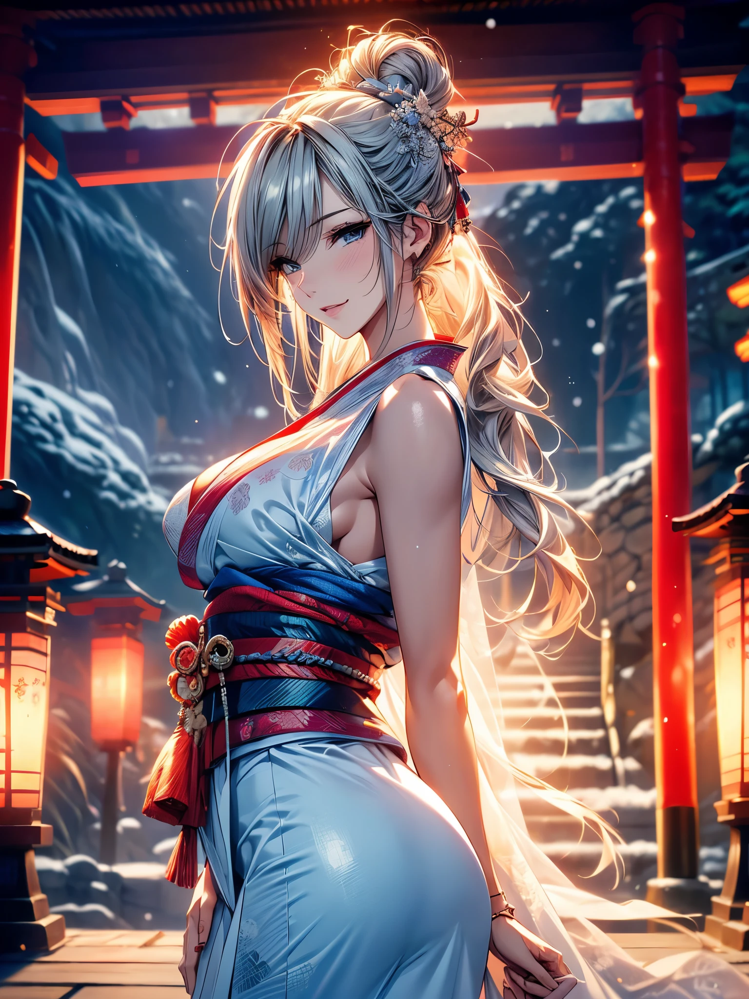 28 years old, Sexy body, Slim body, Silver hair fades to light blue tail, hair covering one eye, /Asymmetrical hair, /half bun hair, /half updo half up half down, /Medium Length Hair, /long wavy hair, blue eyes, break, Japanese clothes, kimono, neat kimono, Zen garden in Japanese temple, In front of the torii gate, New Year Visit, hands together, Pray for the future, Smile, In winter, Snow covered ground, There is snow, snowflake, Dynamic Angle, from the side, (Correct anatomy, Ideal body proportions), (/A night under the stars, /In the morning, under the holy light), break, high resolution, original photo, Photorealism, Stay focused, (natural lighting, Textile shading), Detailed background, Perfect layer cut, Focus on the eyes, (milf:1.5), Depth of Field, Bokeh, cowboy shot, ray tracing, masterpiece, best quality, 8K, retina, masterpiece, ccurate