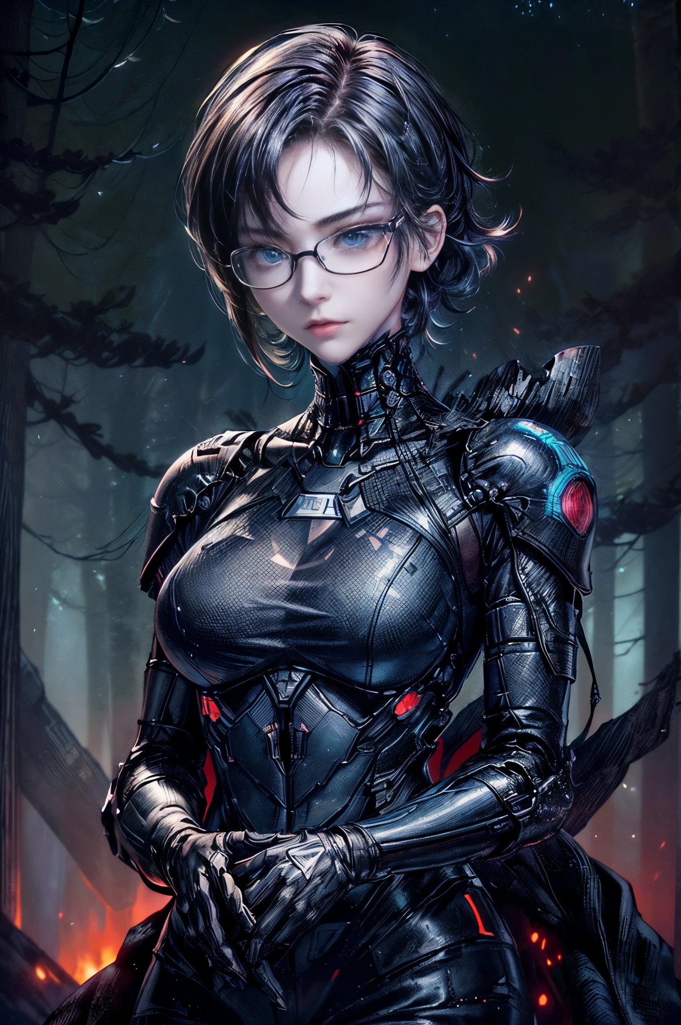 Cinema Lighting、Highly detailed skin,1 girl, highest quality,cyber punk,(Dim color, Calm tone:1.3),(Beautiful 25 year old woman、Beautiful facial features down to the last detail、Short black hair、blue eyes、Glasses、Look Away、Slender body:1.3)profile（Glasses:1.5）break. 
BREAK Cybertech wear with a silver and black theme、Equip yourself with cyber weapons:1.4
break、(morning、On a hill overlooking the forest、Trees around々、Fire breaks out、Viewpoint、早morningmorning焼け:1.4)(Starry Sky:1.3)Mission Begins