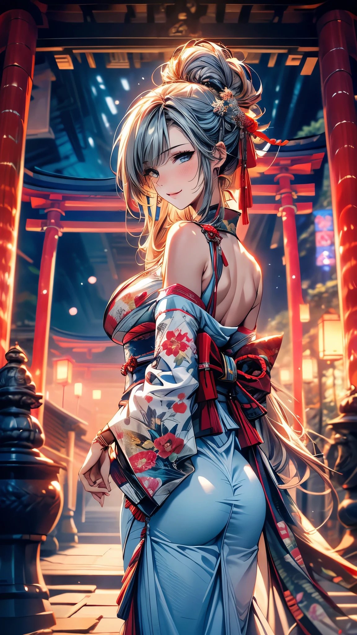 28 years old, Sexy body, Slim body, Silver hair fades to light blue tail, hair covering one eye, /Asymmetrical hair, /half bun hair, /half updo half up half down, /Medium Length Hair, /long wavy hair, blue eyes, break, Japanese clothes, kimono, neat kimono, Zen garden in Japanese temple, In front of the torii gate, New Year Visit, hands together, Pray for the future, Smile, In winter, Snow covered ground, There is snow, snowflake, Dynamic Angle, from the side, (Correct anatomy, Ideal body proportions), (/A night under the stars, /In the morning, under the holy light), break, high resolution, original photo, Photorealism, Stay focused, (natural lighting, Textile shading), Detailed background, Perfect layer cut, Focus on the eyes, (milf:1.5), Depth of Field, Bokeh, cowboy shot, ray tracing, masterpiece, best quality, 8K, retina, masterpiece, ccurate