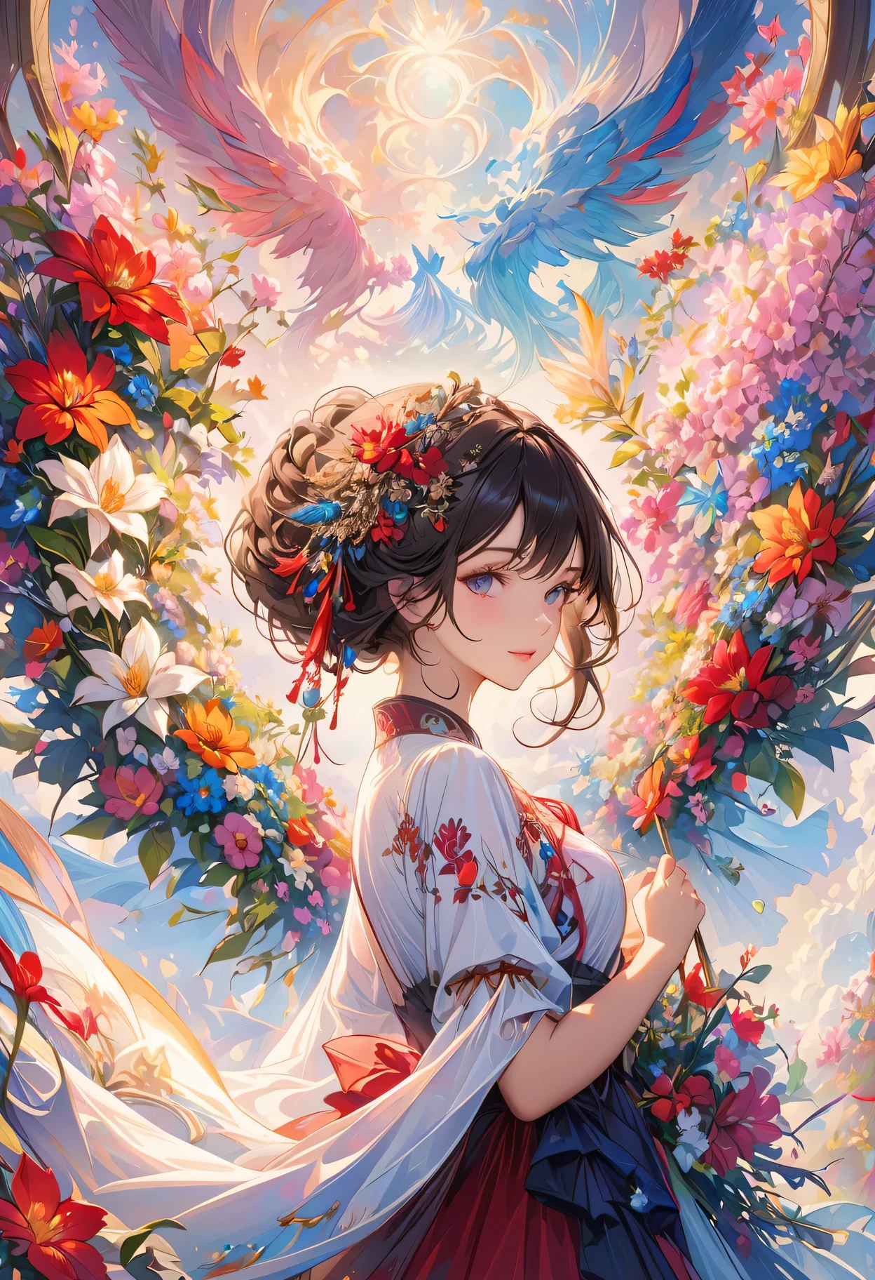 masterpiece, illustration, anime, 1girl, floral, cloud, bird, flow