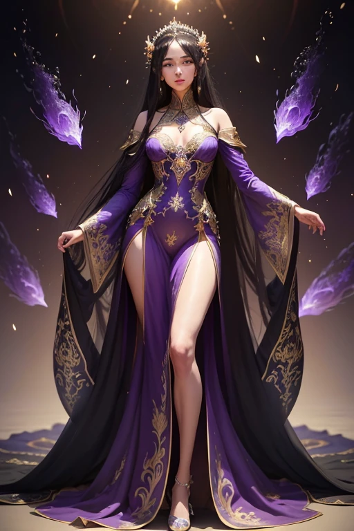 (Best quality, masterpiece), 1matured beautiful lady, slim, noble pose, particles, wind, flower, whole body, simple background, looking at the audience, caucasian with black long straight hair, milky way, aesthetic, magnificent, ancient emperial purple wedding gown, royalty gown, dragon design