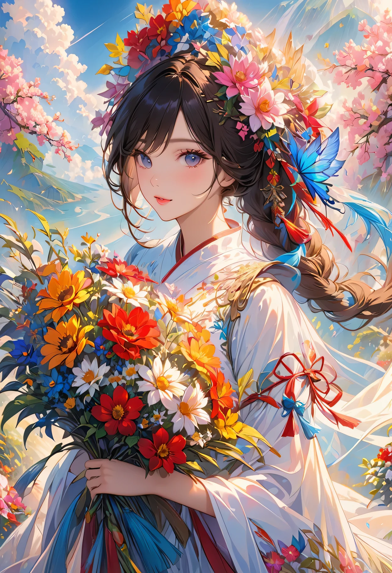 1 Girl,(masterpiece, top quality, best quality, official art, Beautiful and beautiful:1.2), (1 Girl), Extremely detailed,Flowers,(Fractal Art:1.3),rich and colorful,The most detailed,