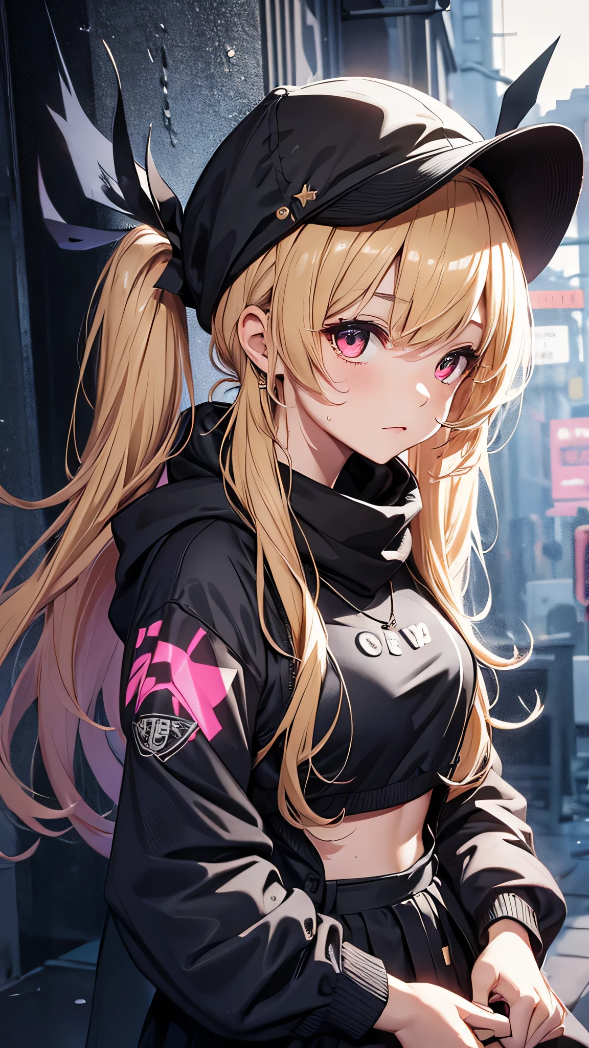 最high quality、Best image quality、masterpiece、girl((18-year-old、 By becoming、Best Bust、Medium Bust,Wide open breast tea、Red glowing eyes,Blonde、Disheveled Hair、Twin tails、thin,The highest valley、Open chest、Luminous Wristbands、hat、hair ornaments、luminous necklace、Black sleeveless hoodie(1:2)、Blue short skirt、Disheveled clothing、Show the whole body,Low - Angle、Hacker-like、sweating、lure、Black cute mask、Leaning against a wall、Black scarf、Holding a penlight、Sad face)),high quality、Beautiful art、background((Black Room、Black Wall、Black furniture、Big black TV、Black PC))、Flight、Flying debris、Written boundary depth、movie、Visual Arts、Perfect art、8K,Genuine,