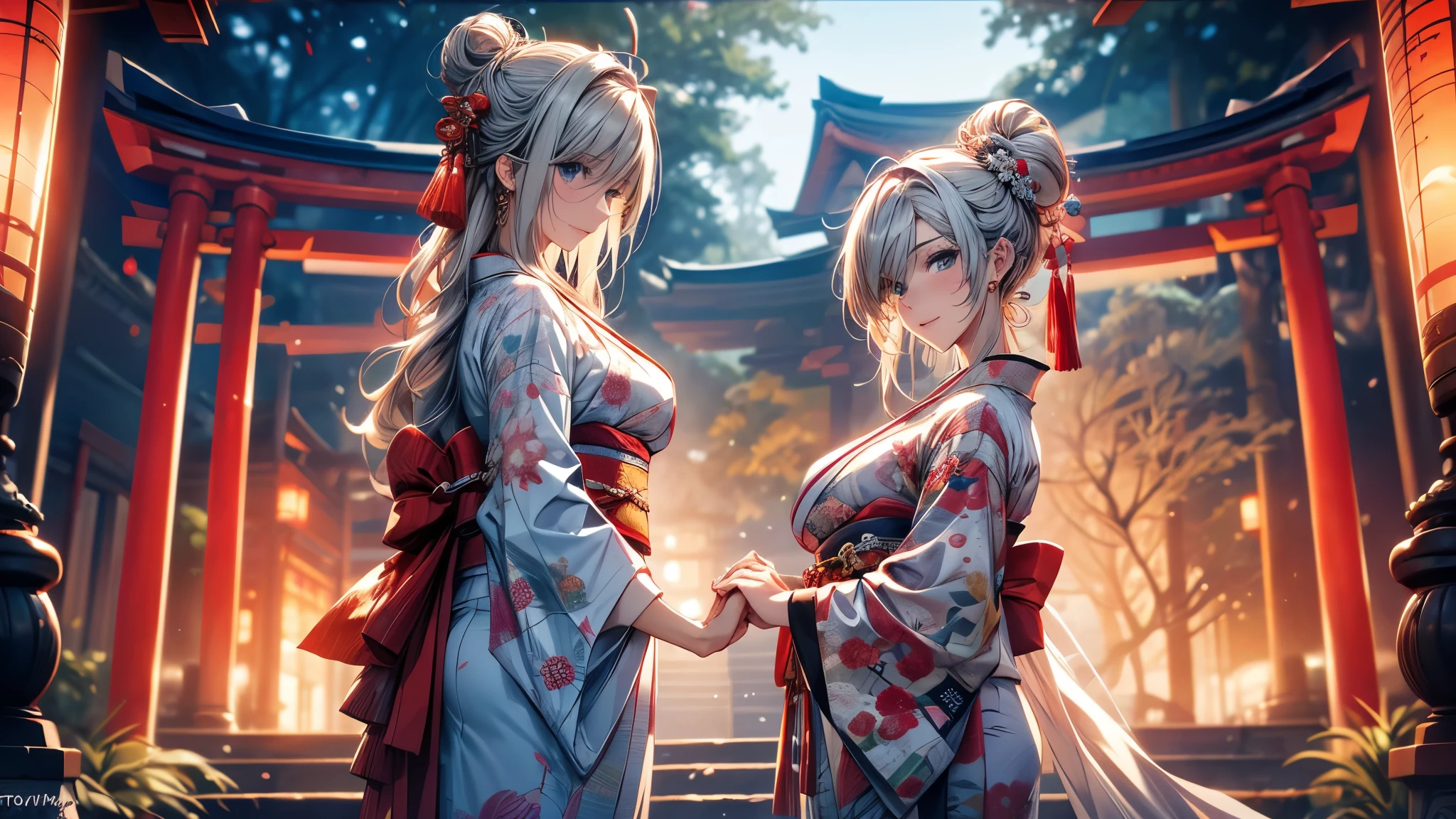 28 years old, Sexy body, Slim body, Silver hair fades to light blue tail, hair covering one eye, /Asymmetrical hair, /half bun hair, /half updo half up half down, /Medium Length Hair, /long wavy hair, blue eyes, break, Japanese clothes, kimono, neat kimono, Zen garden in Japanese temple, In front of the torii gate, New Year Visit, hands together, Pray for the future, Smile, In winter, Snow covered ground, There is snow, snowflake, Dynamic Angle, from the side, (Correct anatomy, Ideal body proportions), (/A night under the stars, /In the morning, under the holy light), break, high resolution, original photo, Photorealism, Stay focused, (natural lighting, Textile shading), Detailed background, Perfect layer cut, Focus on the eyes, (milf:1.5), Depth of Field, Bokeh, cowboy shot, ray tracing, masterpiece, best quality, 8K, retina, masterpiece, ccurate