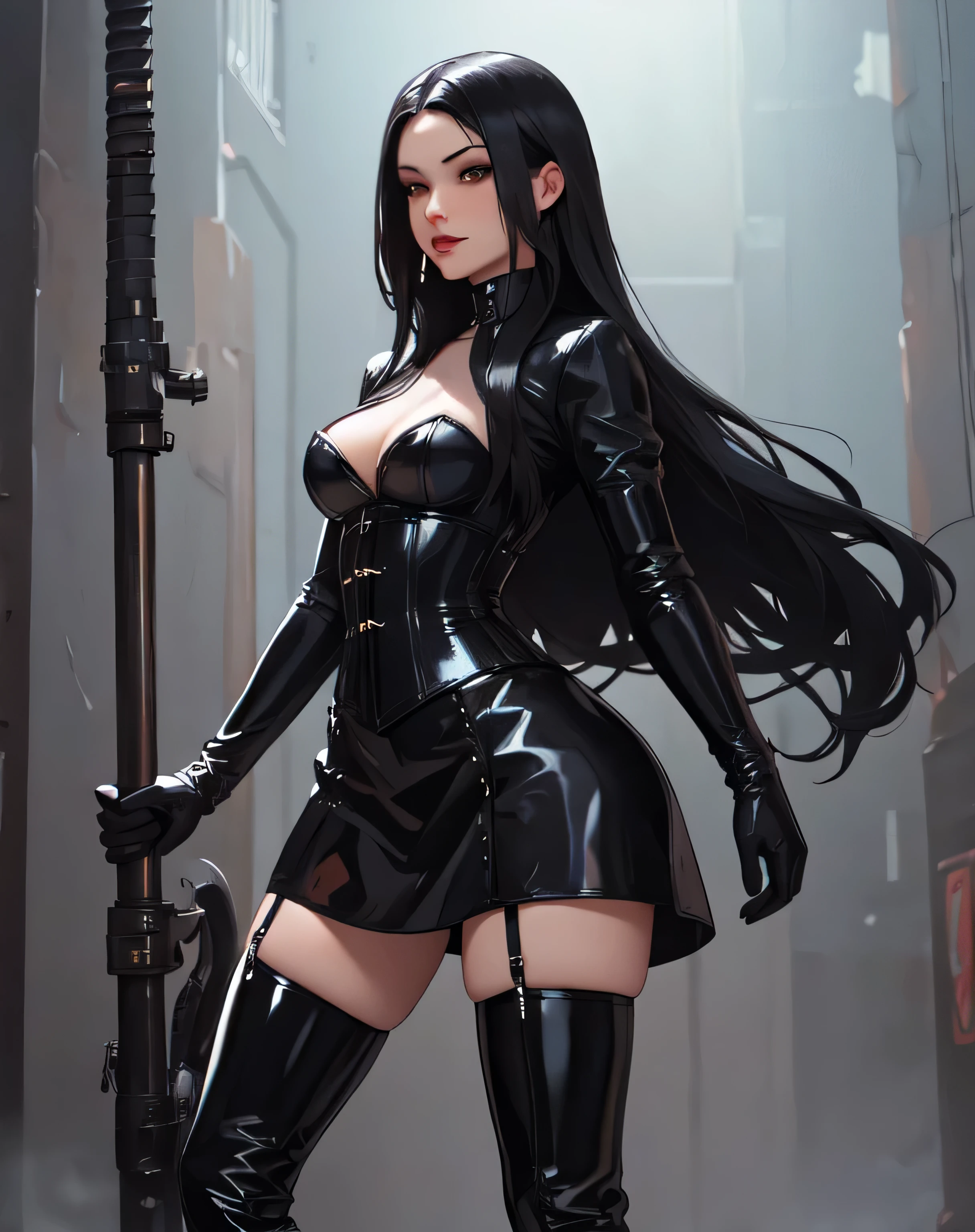 A dominatrix with long black hair wearing corset, leather, pantyhose, thigh high boots, long latex gloves, sexy pose, in a bdsm dungeon