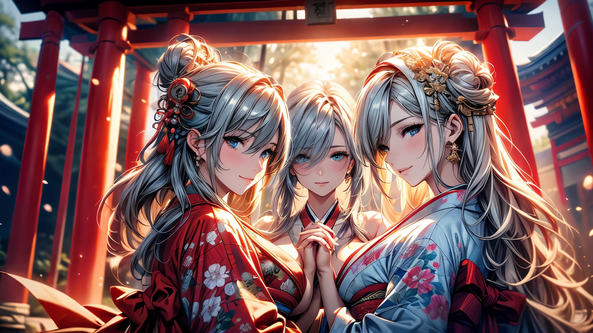 28 years old, Sexy body, Slim body, Silver hair fades to light blue tail, hair covering one eye, /Asymmetrical hair, /half bun hair, /half updo half up half down, /Medium Length Hair, /long wavy hair, blue eyes, break, Japanese clothes, kimono, neat kimono, Zen garden in Japanese temple, In front of the torii gate, New Year Visit, hands together, Pray for the future, Smile, In winter, Snow covered ground, There is snow, snowflake, Dynamic Angle, from the side, (Correct anatomy, Ideal body proportions), (/A night under the stars, /In the morning, under the holy light), break, high resolution, original photo, Photorealism, Stay focused, (natural lighting, Textile shading), Detailed background, Perfect layer cut, Focus on the eyes, (milf:1.5), Depth of Field, Bokeh, cowboy shot, ray tracing, masterpiece, best quality, 8K, retina, masterpiece, ccurate