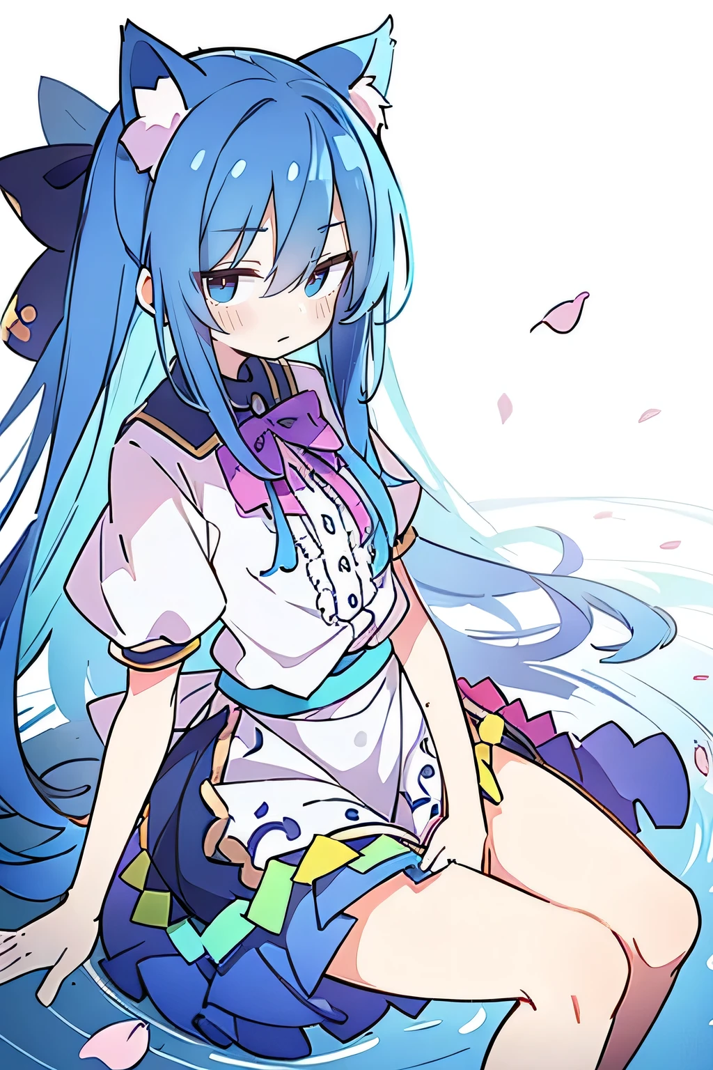 (masterpiece:1.2),ultra-detailed,realistic,expressive eyes,fair-skinned,perfectly shaped face,1girl,
Japanese cartoons,Gorgeous blue hair, flowing blue hair,floating clothes,cat ears,petals falling,beautiful Lola,Hina Angel,
hands on waist,gracefully sitting on the ground,legs crossed,gentle and serene background,cool and comfortable pavilion,shy face ,night .