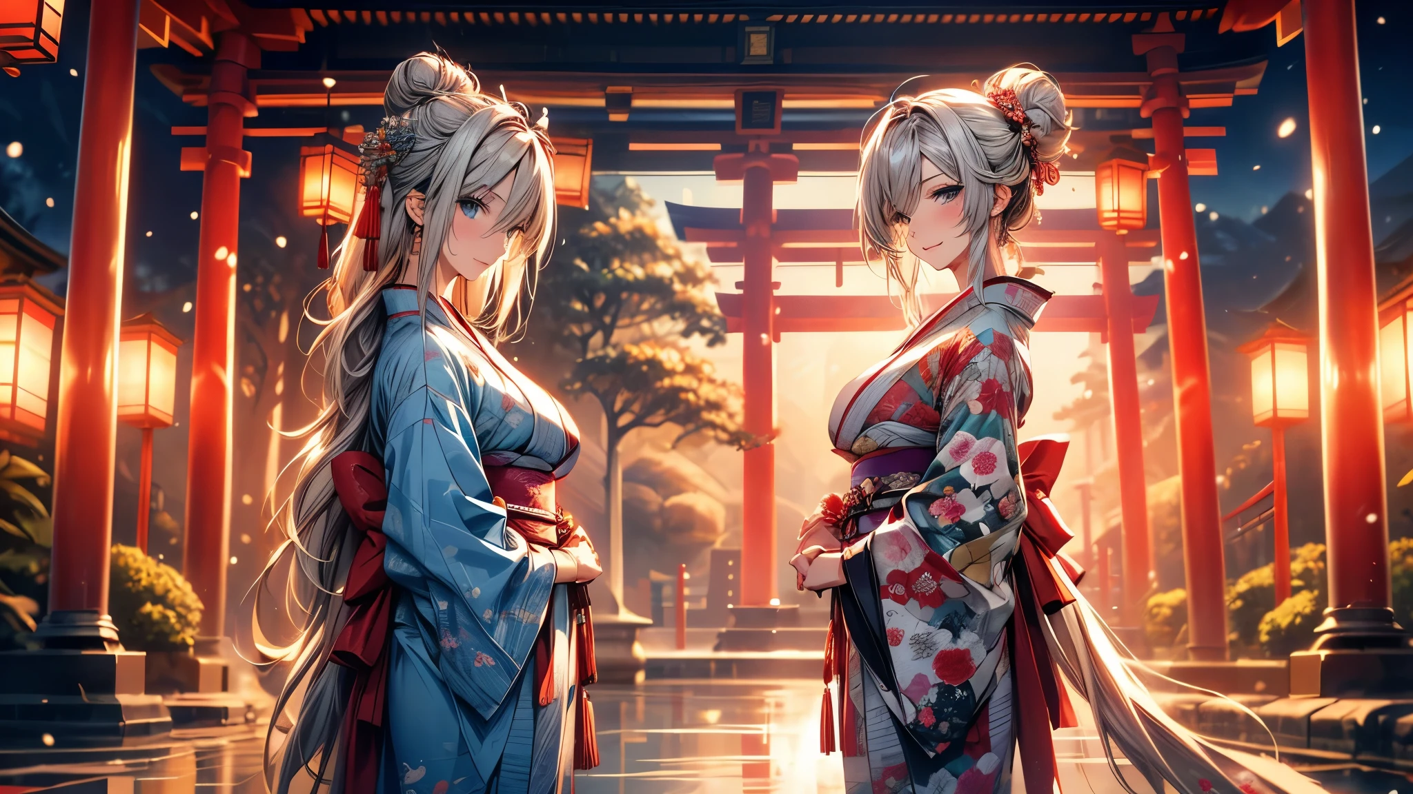 28 years old, Sexy body, Slim body, Silver hair fades to light blue tail, hair covering one eye, /Asymmetrical hair, /half bun hair, /half updo half up half down, /Medium Length Hair, /long wavy hair, blue eyes, break, Japanese clothes, kimono, neat kimono, Zen garden in Japanese temple, In front of the torii gate, New Year Visit, hands together, Pray for the future, Smile, In winter, Snow covered ground, There is snow, snowflake, Dynamic Angle, from the side, (Correct anatomy, Ideal body proportions), (/A night under the stars, /In the morning, under the holy light), break, high resolution, original photo, Photorealism, Stay focused, (natural lighting, Textile shading), Detailed background, Perfect layer cut, Focus on the eyes, (milf:1.5), Depth of Field, Bokeh, cowboy shot, ray tracing, masterpiece, best quality, 8K, retina, masterpiece, ccurate