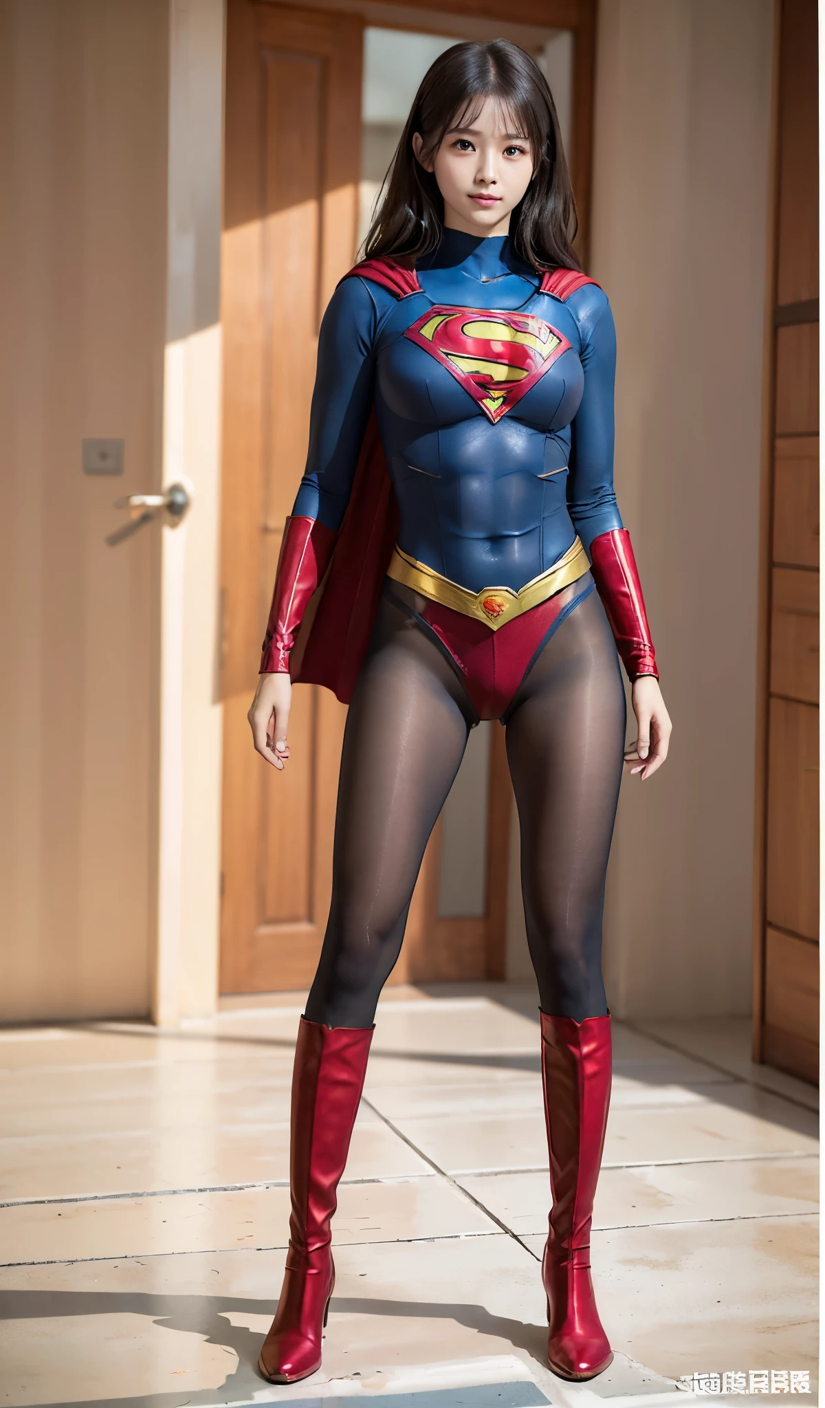 No background、(((Beautiful legs in black tights.)))、(((Legally express the beauty of your smile)))、((((Make the most of your original images)))、(((Supergirl Costume)))、(((Beautiful Hair)))、(((suffering)))、(((Please wear black tights....、Wear red boots)))、((Best image quality、8K))、((highest quality、8K、masterpiece:1.3))、(((Preserve background )))、Sharp focus:1.2、Beautiful woman with perfect figure:1.4、Thin abdominal muscles:1.2、Wet body:1.5、Highly detailed face and skin texture、8K