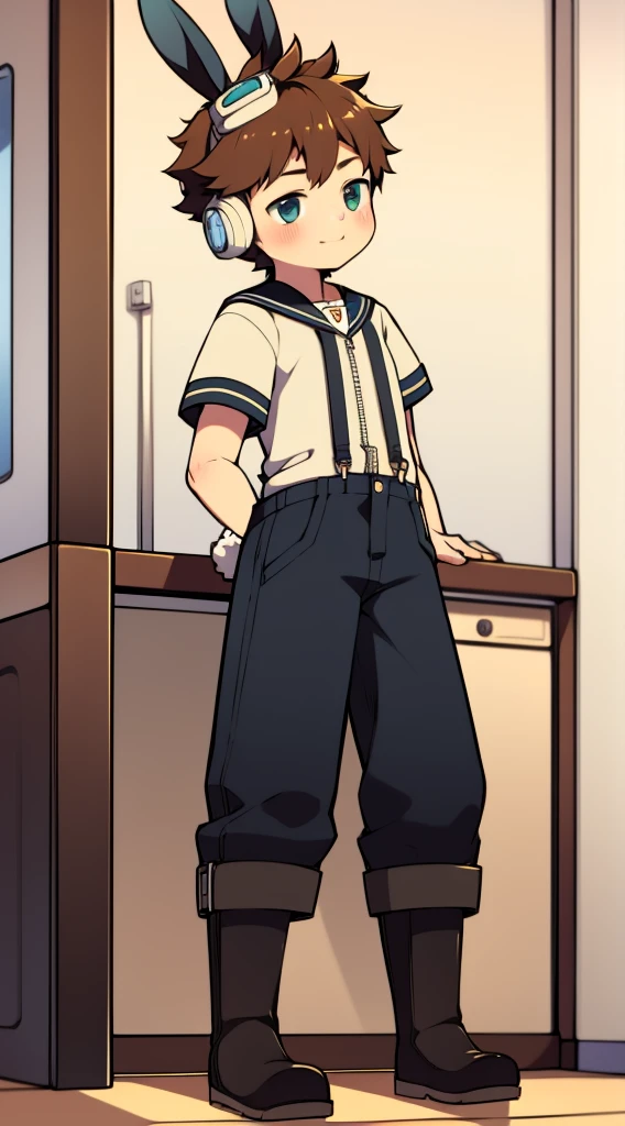 2D Boy Shota,Overalls,Slim, healthy body,Put the headphones on your head,stand up,goggles,Rabbit ears,happy,Sailor collar,tie,Zipper pulled down,boots,Charming