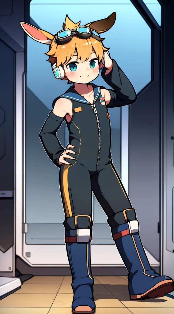 2D Boy Shota,One-piece combat suit,Slim, healthy body,Put the headphones on your head,stand up,goggles,Rabbit ears,happy,Sailor collar,tie,Zipper pulled down,boots,Charming