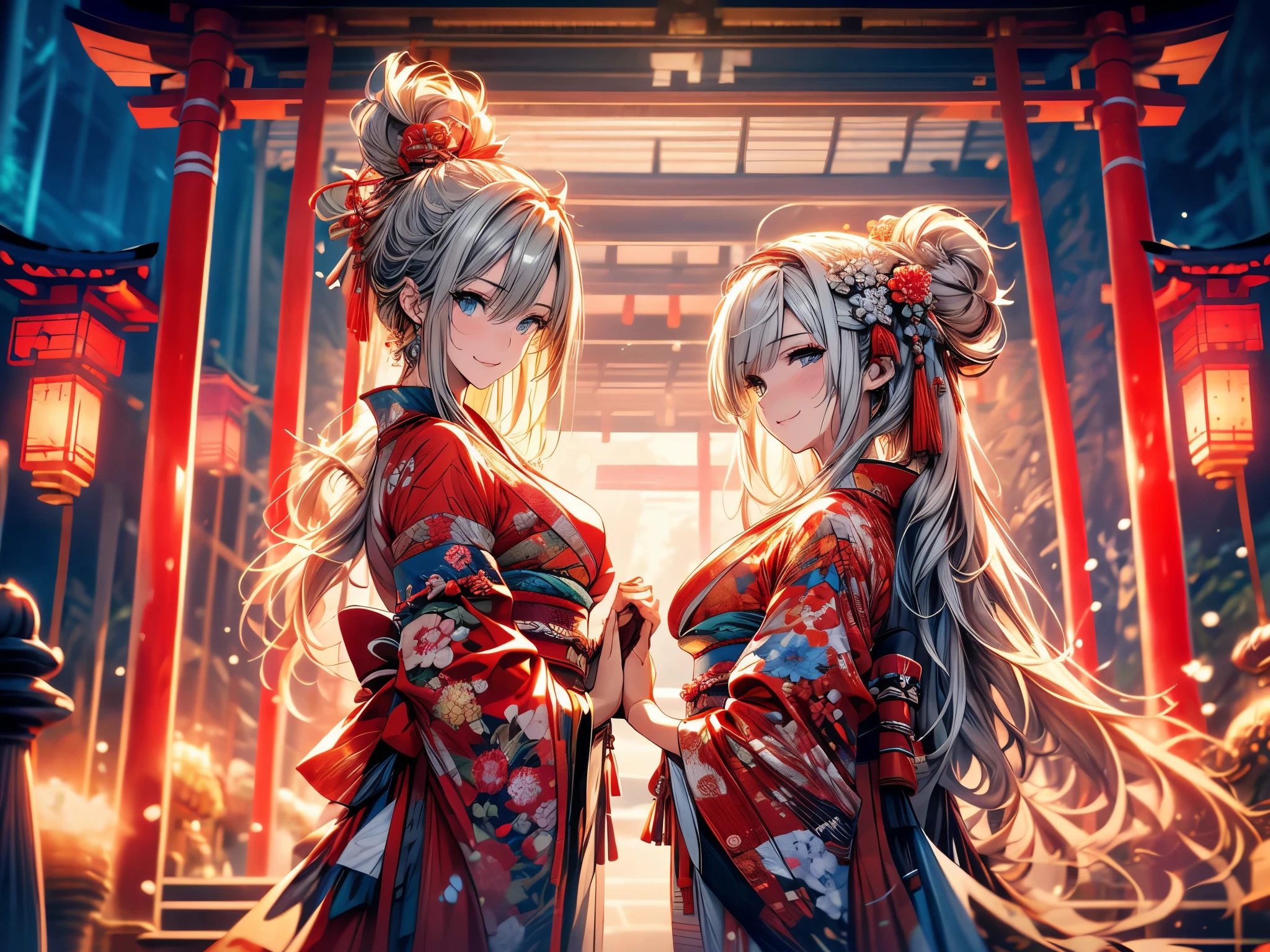 28 years old, Sexy body, Slim body, Silver hair fades to light blue tail, hair covering one eye, /Asymmetrical hair, /half bun hair, /half updo half up half down, /Medium Length Hair, /long wavy hair, blue eyes, break, Japanese clothes, kimono, neat kimono, Zen garden in Japanese temple, In front of the torii gate, New Year Visit, hands together, Pray for the future, Smile, In winter, Snow covered ground, There is snow, snowflake, Dynamic Angle, from the side, (Correct anatomy, Ideal body proportions), (/A night under the stars, /In the morning, under the holy light), break, high resolution, original photo, Photorealism, Stay focused, (natural lighting, Textile shading), Detailed background, Perfect layer cut, Focus on the eyes, (milf:1.5), Depth of Field, Bokeh, cowboy shot, ray tracing, masterpiece, best quality, 8K, retina, masterpiece, ccurate