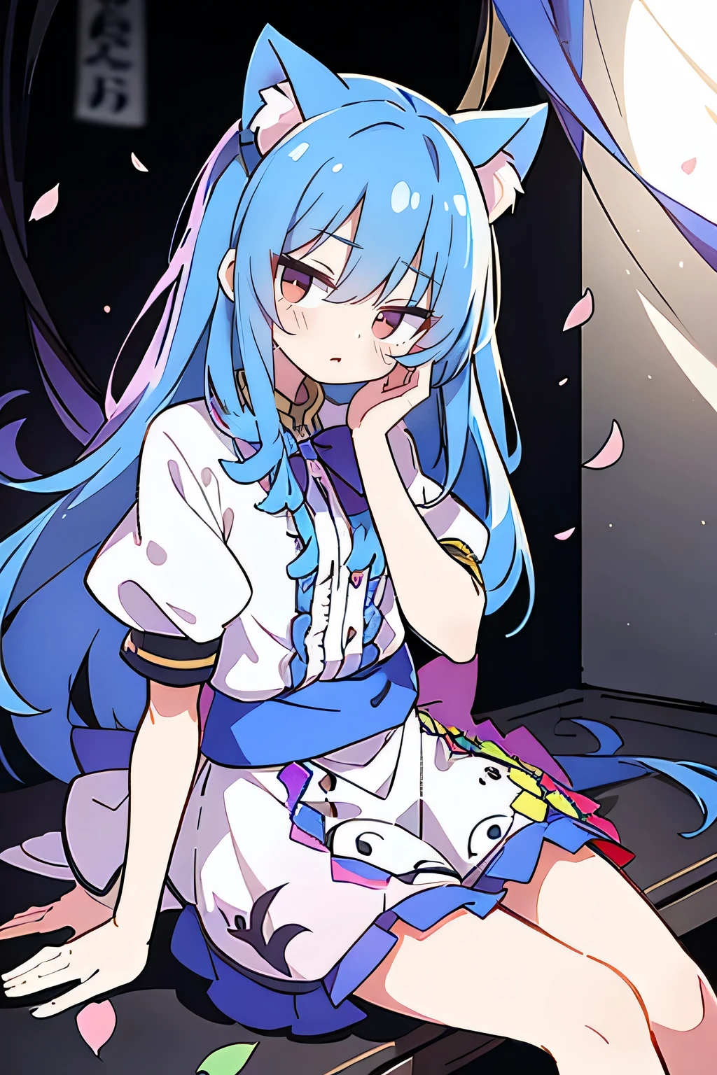 (masterpiece:1.2),ultra-detailed,realistic,expressive eyes,fair-skinned,perfectly shaped face,1girl,
Japanese cartoons,Gorgeous blue hair, flowing blue hair,floating clothes,cat ears,petals falling,beautiful Lola,Hina Angel,
hands on waist,gracefully sitting on the ground,legs crossed,gentle and serene background,cool and comfortable pavilion,shy face ,night .