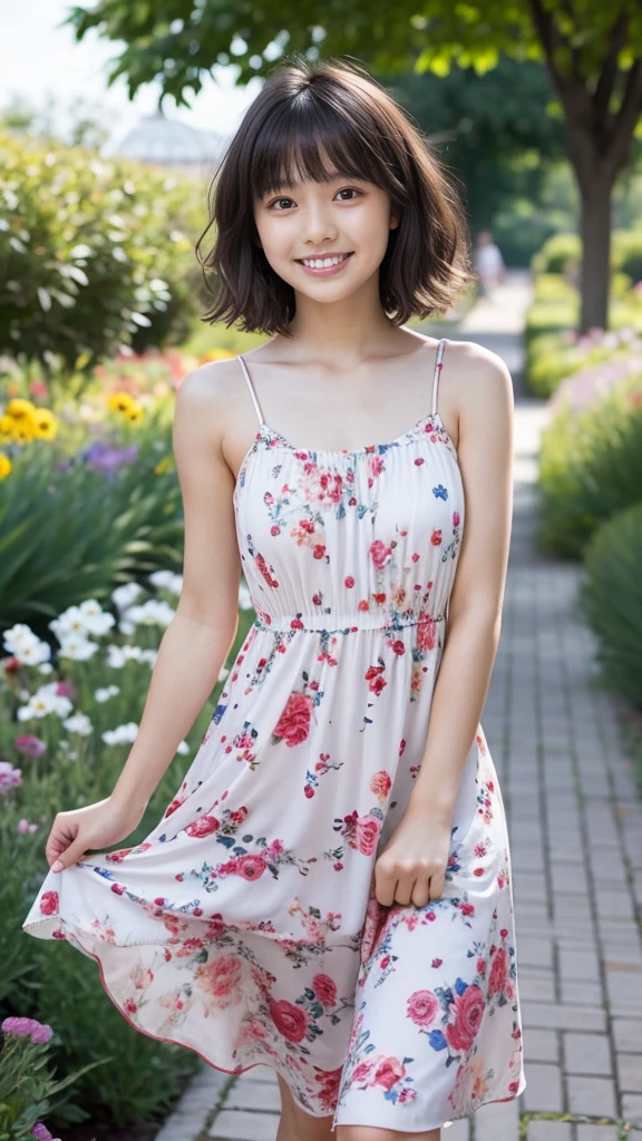 masterpiece, highest quality, disorganized, perfect anatomy, 1 girl, alone, pascal tales, short hair, beautiful, Hilarious, sunny day, botanical garden, Summer winds, sundress, Floral, wavy hair, smile