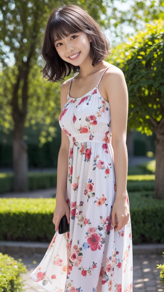 masterpiece, highest quality, disorganized, perfect anatomy, 1 girl, alone, pascal tales, short hair, beautiful, Hilarious, sunny day, botanical garden, Summer winds, sundress, Floral, wavy hair, smile