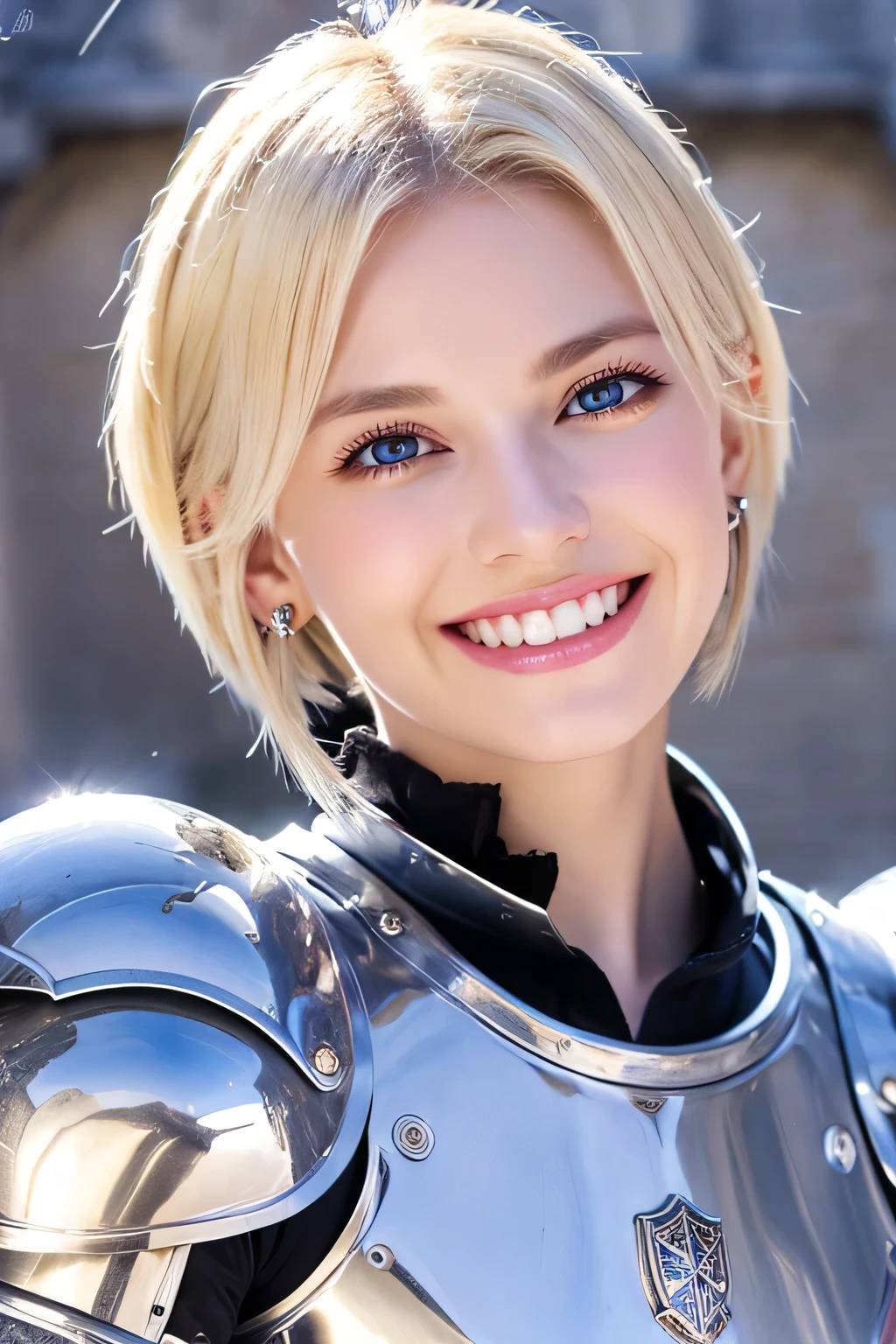 8K、highest quality、female knight、Luxurious Silver Armor、、hairstyle short cut、smile、beautiful teeth、full body photo、ear piercing、blonde、white woman、blue eyes、heavy makeup、The background is inside the castle
