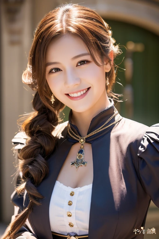 (masterpiece:1.3), (8K, Photorealsitic, Raw photography, Top image quality: 1.4), Japan high school girls、age18,(Random hairstyles:1.2)、cleavage of the breast:1.2、Super Detail Face、Eye of Detail、double eyelid、Bring your chest together、sharp focus:1.2、prety woman:1.4、light brown hair、top-quality、masterpiece、超A high resolution、(Photorealsitic:1.4)、Highly detailed and professional lighting smile、Loose steampunk costume、Shoulder out、slender、serious facial expression、hold gorgeous necklace in right hand, Inside the old castle