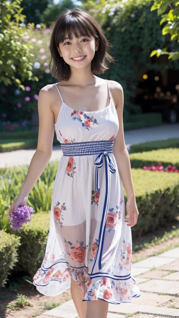 masterpiece, highest quality, disorganized, perfect anatomy, 1 girl, alone, pascal tales, short hair, beautiful, Hilarious, sunny day, botanical garden, Summer winds, sundress, Floral, wavy hair, smile