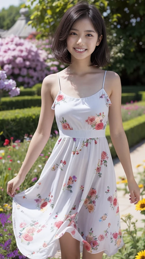 masterpiece, highest quality, disorganized, perfect anatomy, 1 girl, alone, pascal tales, short hair, beautiful, Hilarious, sunny day, botanical garden, Summer winds, sundress, Floral, wavy hair, smile