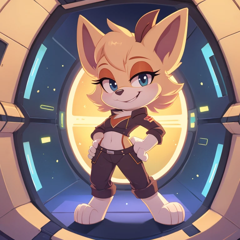 score_9, score_8_up, score_7_upKatt monroe, furry, in spaceship, standing, wink, seductive smile, hands on own hips