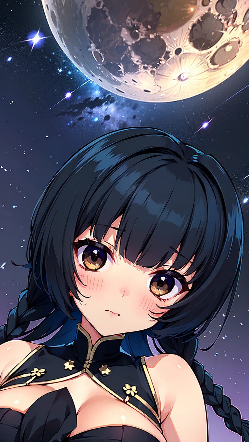 8K quality,(super masterpiece:1.3),highest quality,Detailed Images,1 female,symmetrical beauty,(Black Hair,With bangs,Two braids),F cup breasts,(Fantastic night sky background,Star of the sky,full moon,shooting star),(Face directly towards the camera,Looking directly at the viewer,looking at the camera,The body faces the viewer,The body is facing the direction of the camera,Face looking straight into the camera),not nsfw.