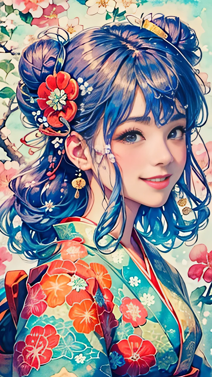8k, highest quality, High resolution, Beautiful girl 1 25 years old, flower buns,smile, (Traditional Japanese Kimono:1.3)、High-end kimono、No wrinkles at all,Watercolor, (Flower Hair Ornaments:1.3)
