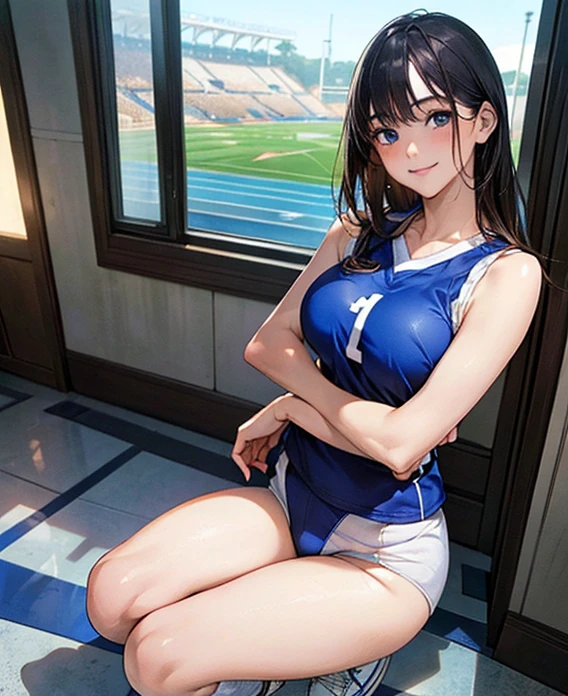 (masterpiece:1.2, highest quality), (Realistic, photoRealistic:1.4), Beautiful illustrations, (Natural Side Lighting, Cinema Lighting), Browsing Caution,
View your viewers, Cowboy Shot, Front view:0.6, 1 girl, Japanese, , high school girl, Perfect Face, Cute and symmetrical face, Shiny skin,
(Long Hair:1.8, Straight hair:1.7, Ground hair), Asymmetrical bangs, blue eyes, (Large Breasts:1.1, Thick thighs),
Beautiful Hair, Beautiful Face, Beautiful fine details, Beautiful clavicle, Beautiful body, Beautiful breasts, Beautiful thighs, Beautiful feet, Beautiful fingers, Beautiful ass,
((White and blue volleyball uniform,
White and blue tight bloomers,
A tight-fitting sleeveless white and blue tank top, Short socks, White sneakers, )),
(Beautiful views), evening, Stadium, (squat, squat, Place your hand on your chest), legs wide open to the left and right、「「(Cute smile, Upward glance),