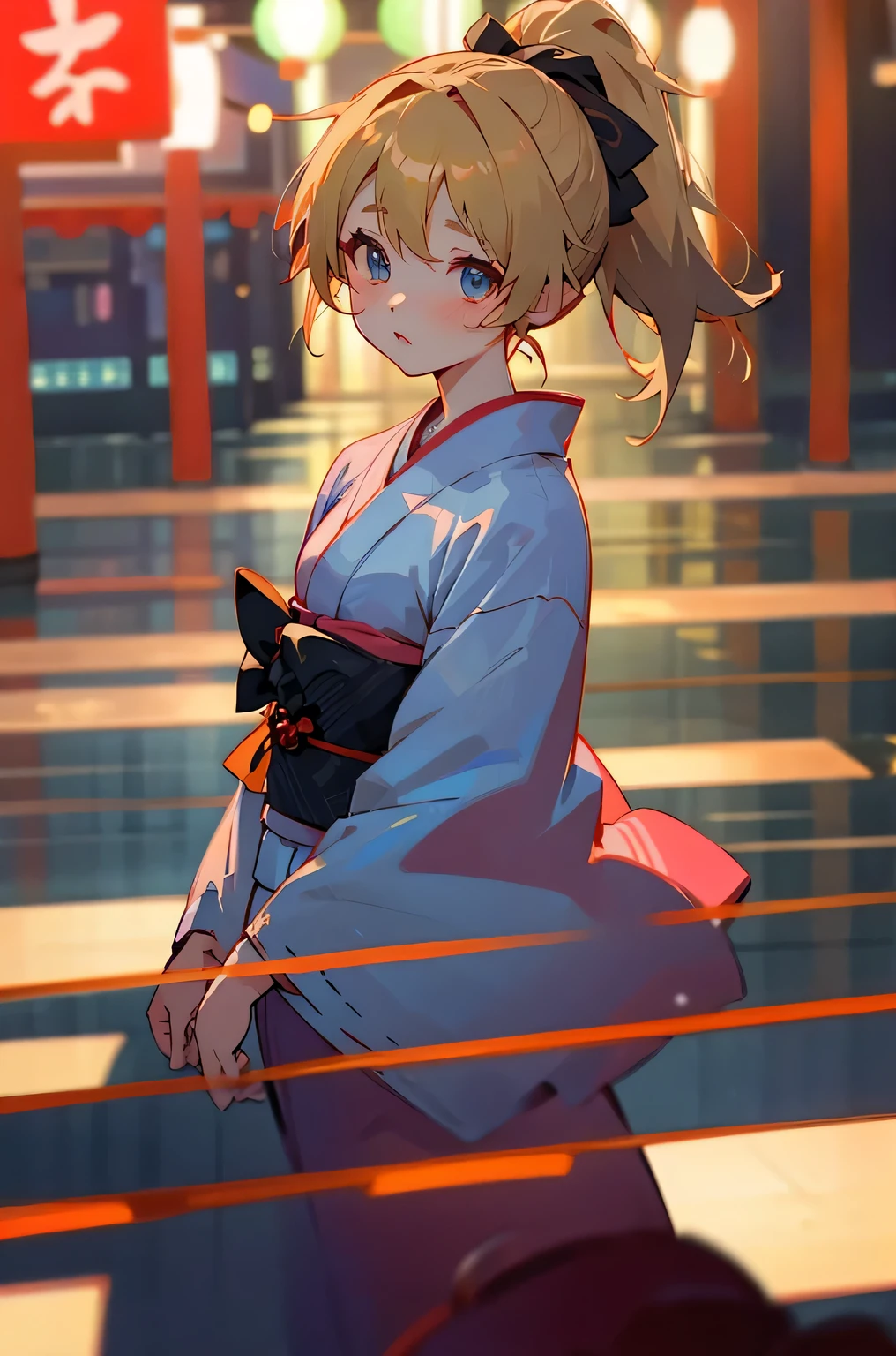 Anime Girls。kimono。Good color。Perfect Shadow。Neon Town。Blonde hair and blue eyes。ponytail。Chinatown。night