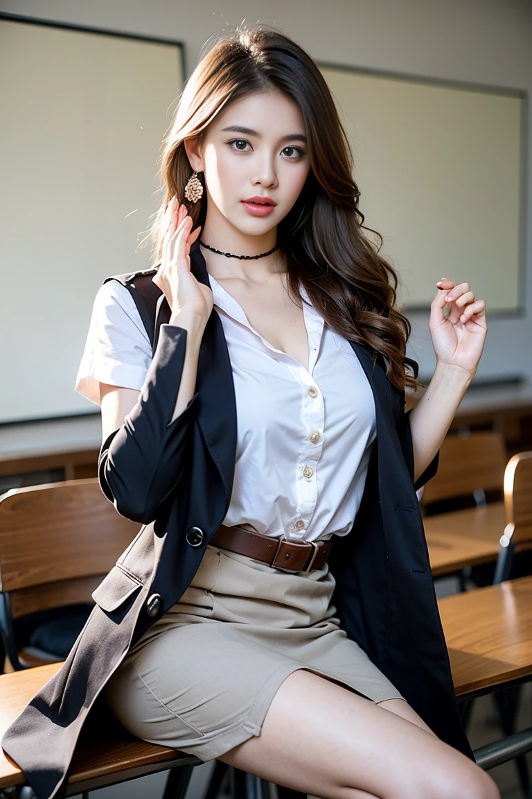 8K,high resolution,Masterpiece, best quality, alone, complicated details, Chromatic aberration), realistic, ((Moderate breath)), hair in one eye,purple eyes, round hoop earrings, sharp eyes, Diamond-encrusted choker, (symmetrical eyes),(Perfect symmetrical body),Photo of a beautiful 21 year old age girl,(fit the body), ,Beautiful and charming with contemporary fashion paintings as well...., looking at the audience, ((In the background of a large classroom)), (black short skirt), ((The young woman wore a form-fitting white short-sleeved shirt., Unbuttoning the buttons, Revealing a little breast..)), ((A short black pencil skirt with a deep slit on the side..)), belt, ((Put your hands down.)),Blonde hair, Bob, long hair, Lateral smoothness,,copper blonde hair, sit, sharp eyeliner, Eye shadow blush with thick eyelashes, Very delicate and beautiful, round chin, Sharp focus, elegant,sitบนโต๊ะเรียน ยกขาข้างหนึ่งขึ้นให้อยู่ในระดับสายตา, The legs are slightly separated..,dynamic gesture,((Wear the coat over the shirt with a blue lab coat.))