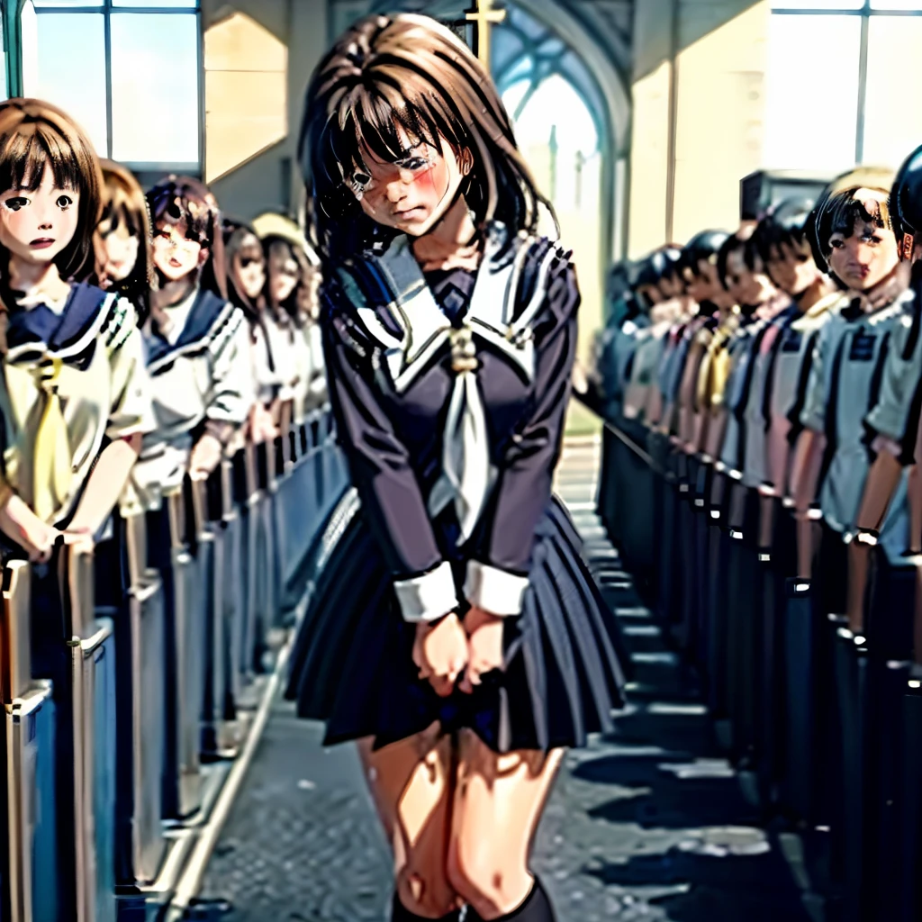 (((Under the skirt))), (), concept, Peeing, myself Peeing, Wet, Wet, having to Pee, having to Pee, having Pee stains, there is a Pee stain on a black pleated skirt, Ashina Ashida, One Girl, ((((Crying face)))), (Black Sailor Suit), Big pink hair ribbon, Pee, Pee漏らして, Wet, Wet self, Long Bangs, Black Hair, Embarrassing, blush, Brown Loafers, (((I was standing in line with many other freshmen at the church during my junior high remony..))), (Navy blue sailor suit), White socks, Black Hair, (Pull up your skirt with your hands), (Wearing a white cotton diaper),