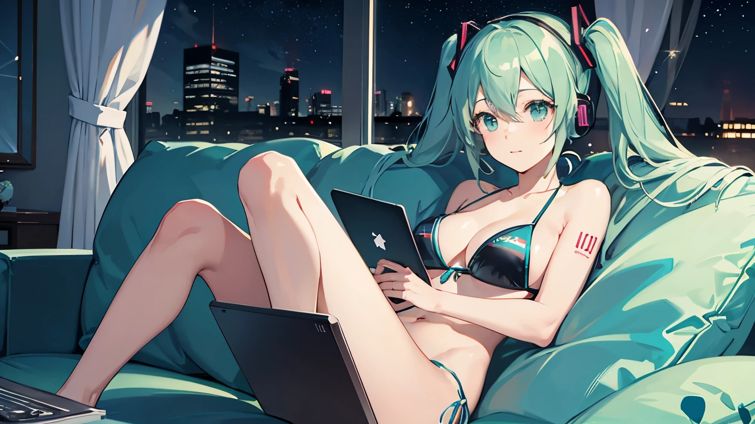 On the sofa with headphones、Studying on a laptop、Hatsune Miku in a bikini、Beautiful night view outside the window