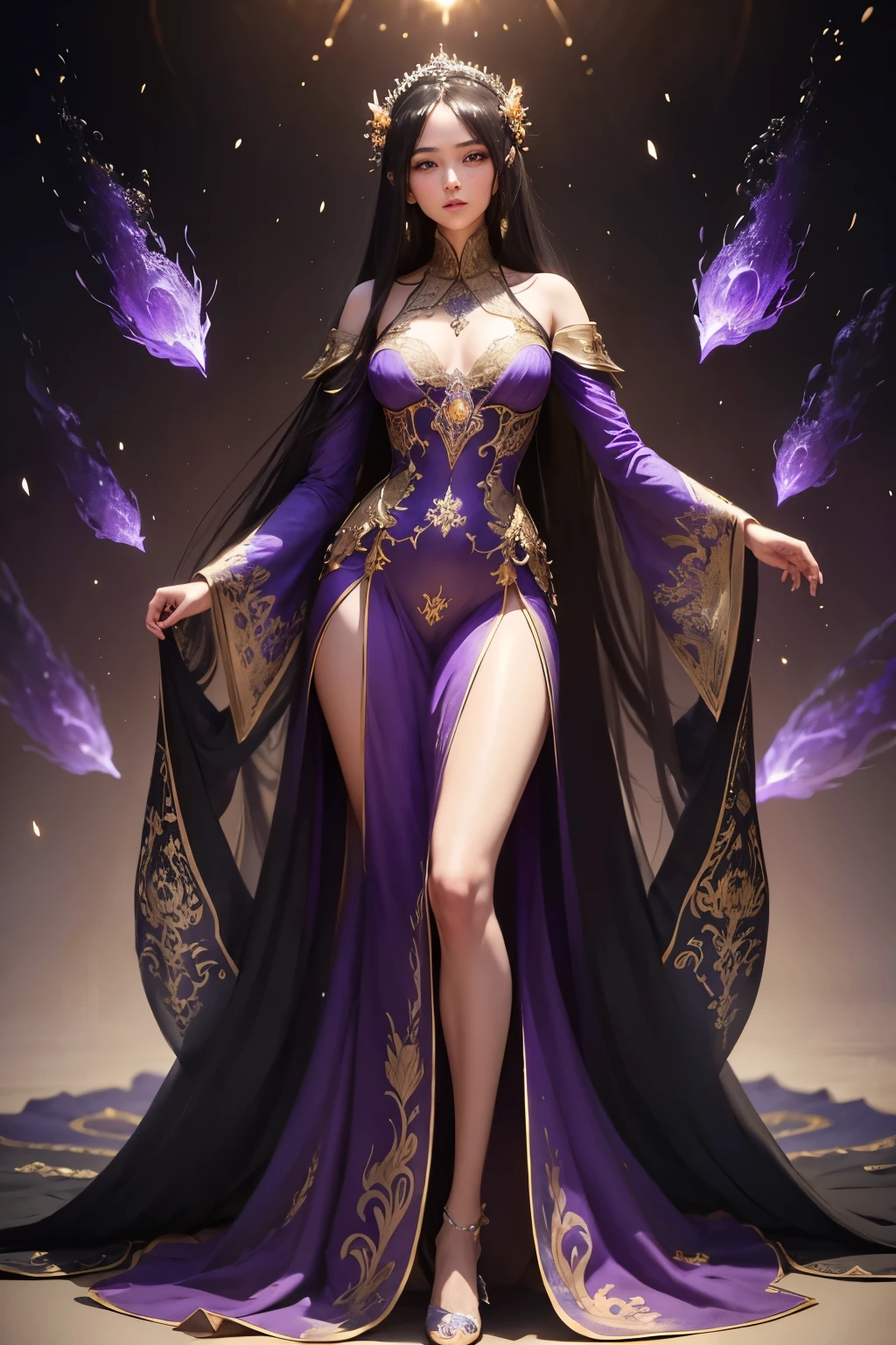 (Best quality, masterpiece), 1matured beautiful lady, slim, noble pose, particles, wind, flower, whole body, simple background, looking at the audience, caucasian with black long straight hair, milky way, aesthetic, magnificent, ancient emperial purple wedding gown, royalty gown, dragon design