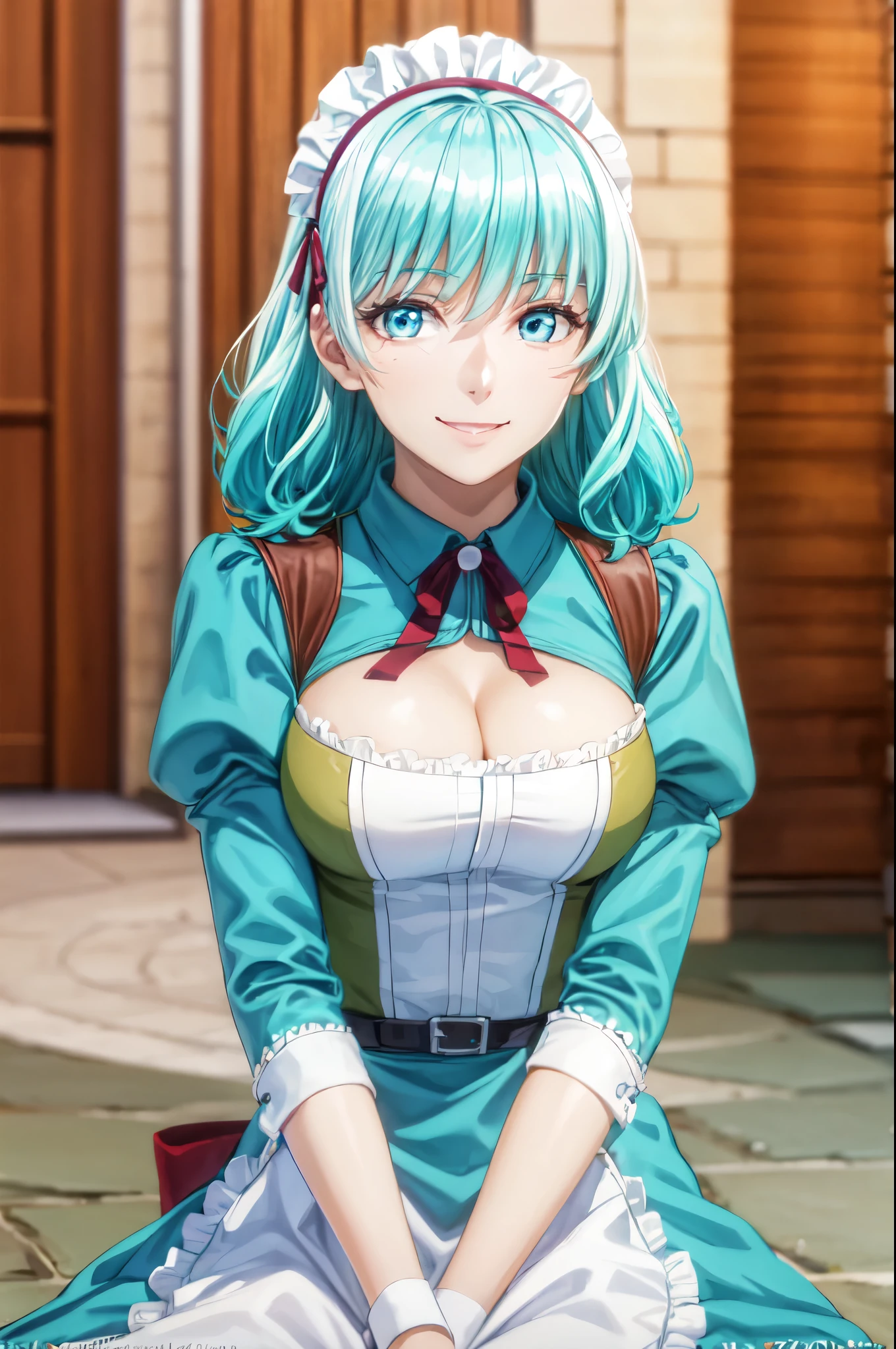 photorealistic, (4k), (upper body), depth of field, (Masterpiece), (realistic skin texture), highly detailed, intricate, highly detailed, (upper body), professional photography, cover-up, bokeh, high resolution, sharp details, best quality, girl, aqua hair, medium hair, blue eyes, white shirt, maid headdress, frills, apron, in the garden, sitting, smile