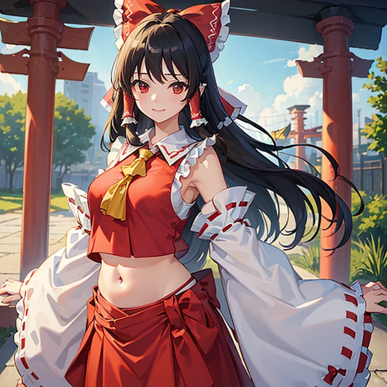 ((Highly detailed CG, Anime Images,art CG))((hakurei reimu))(Black Hair, Long sleeve, belly button, Exposing shoulders, Hair Bow, Frills, Wide sleeves, Removable sleeves),((torii,Outdoor))(smile)(Upper Body)(spoken heart mark:1.0,♡:1.0),