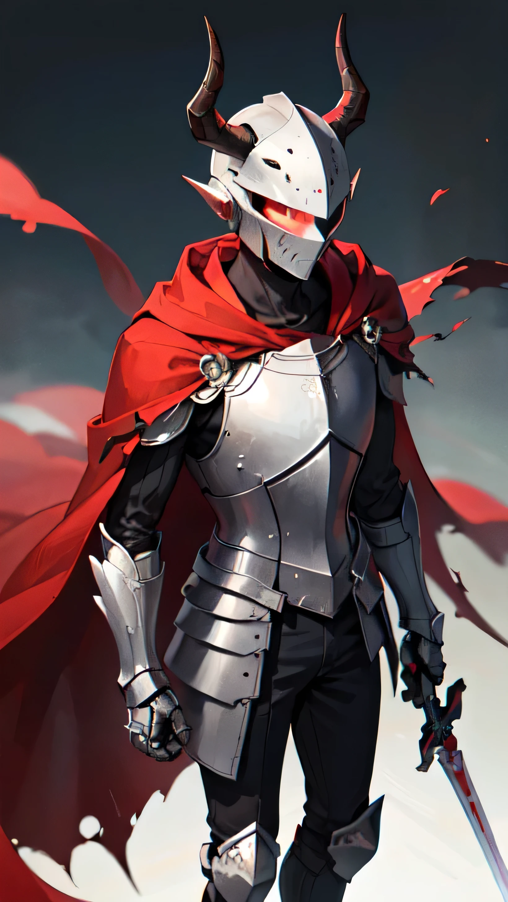 (masterpiece:1.2), best quality,PIXIV,
robot boy,weapon, sword, armor, holding weapon, holding, holding sword, solo, gauntlets, cape, red cape, full armor, helmet, torn cape, male focus, standing, glowing, shoulder armor, red theme, pauldrons, breastplate, torn clothes, greaves, crack, horns, knight, torn, armored boots