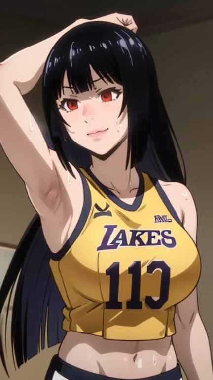 a close up of a person wearing a basketball uniform, a picture, inspired by Kentaro Miura, trending on pixiv, Jabami Yumeko, Kakegurui,red eyes,long hair, wearing yellow nba jersey, yellow croptop nba jersey, wearing a low cut croptop, wearing croptop, croptop, written "Lakers" on the croptop, golden raito, (winking), shirobako, large)}], favorite scene, fine details. anime. skins, sweating, big breasts, both hands raised, armpits, armpits visible, dripping with sweat, more more sweat, sweaty armpits, smile