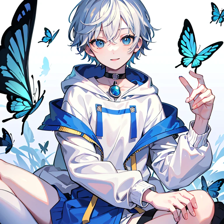 ((highest quality)), ((masterpiece)), (detailed), Flawless、Face alone,1 boy、Shota、short hair、Hair between the eyes、Pale Hair、White coat style hoodie、Blue Top Shoes、Blue Right Eye Yellow Left Eye Odd Eye、White shorts、I like nature、An innocent smile、butterfly、boy、Face close-up 、Innocent man