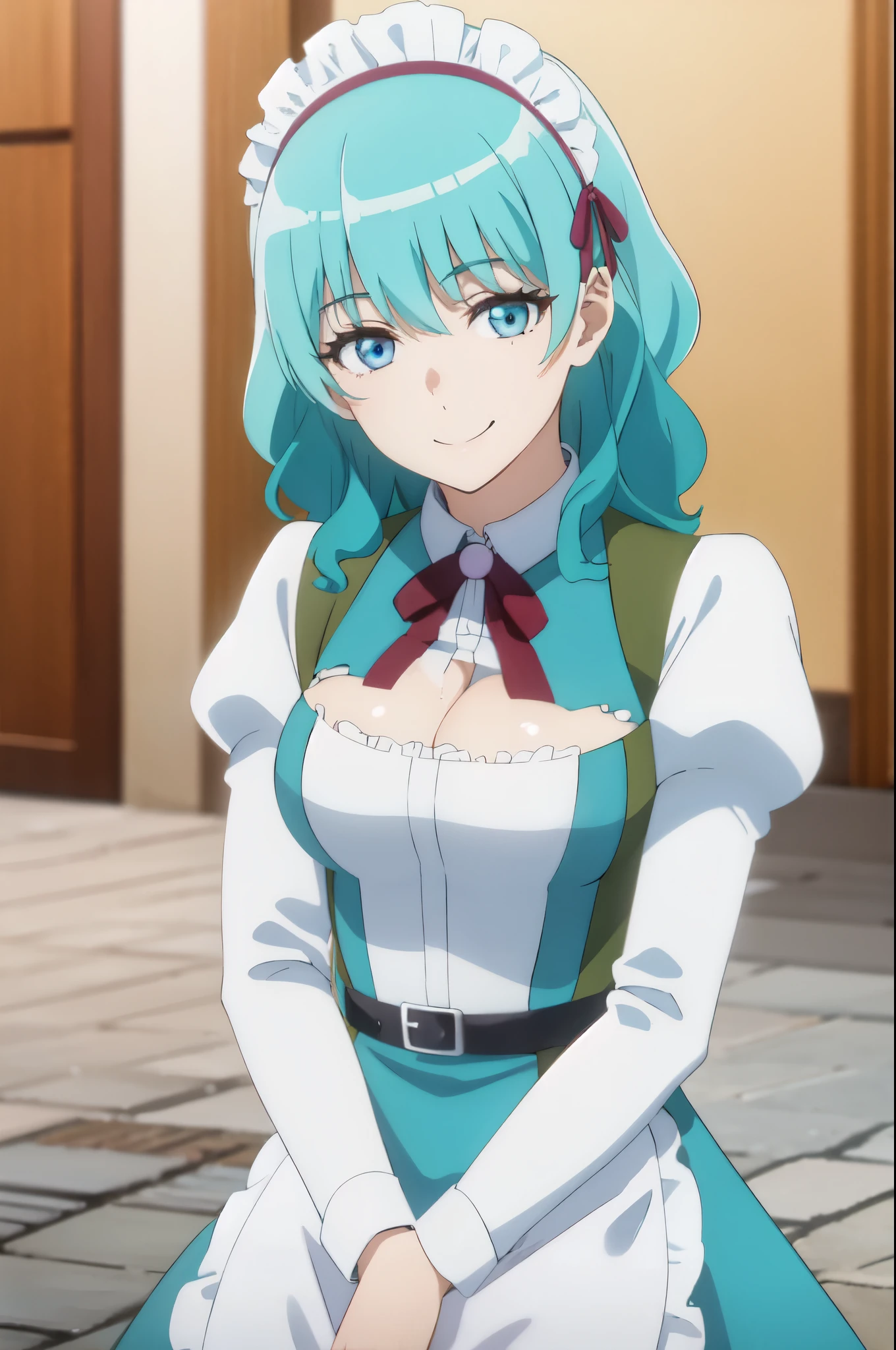 photorealistic, (4k), (upper body), depth of field, (Masterpiece), (realistic skin texture), highly detailed, intricate, highly detailed, (upper body), professional photography, cover-up, bokeh, high resolution, sharp details, best quality, girl, aqua hair, medium hair, blue eyes, white shirt, maid headdress, frills, apron, in the garden, sitting, smile