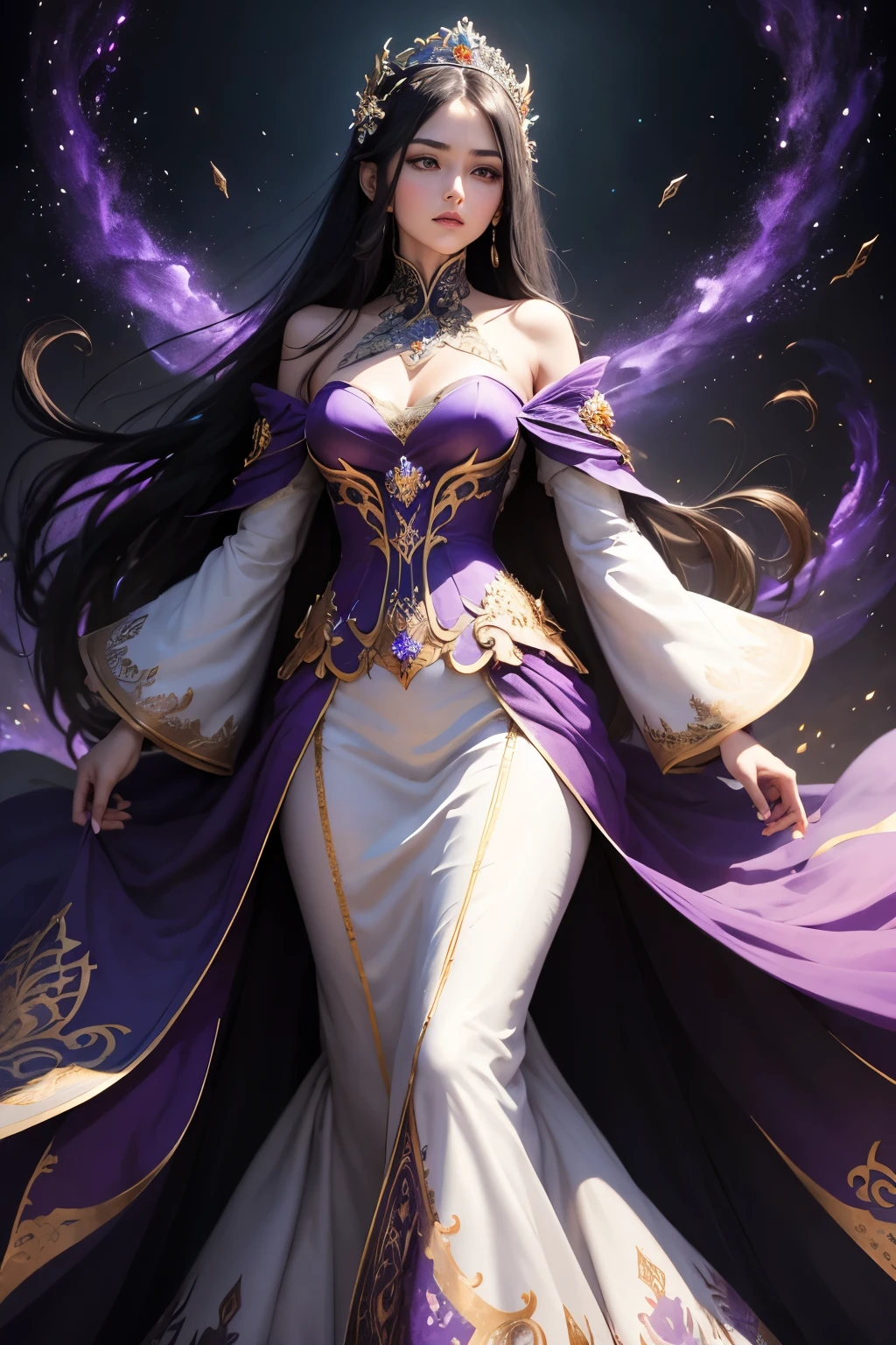 (Best quality, masterpiece), 1matured beautiful lady, slim, noble pose, particles, wind, flower, whole body, simple background, looking at the audience, caucasian with black long straight hair, milky way, aesthetic, magnificent, ancient emperial purple wedding gown, royalty gown, dragon design