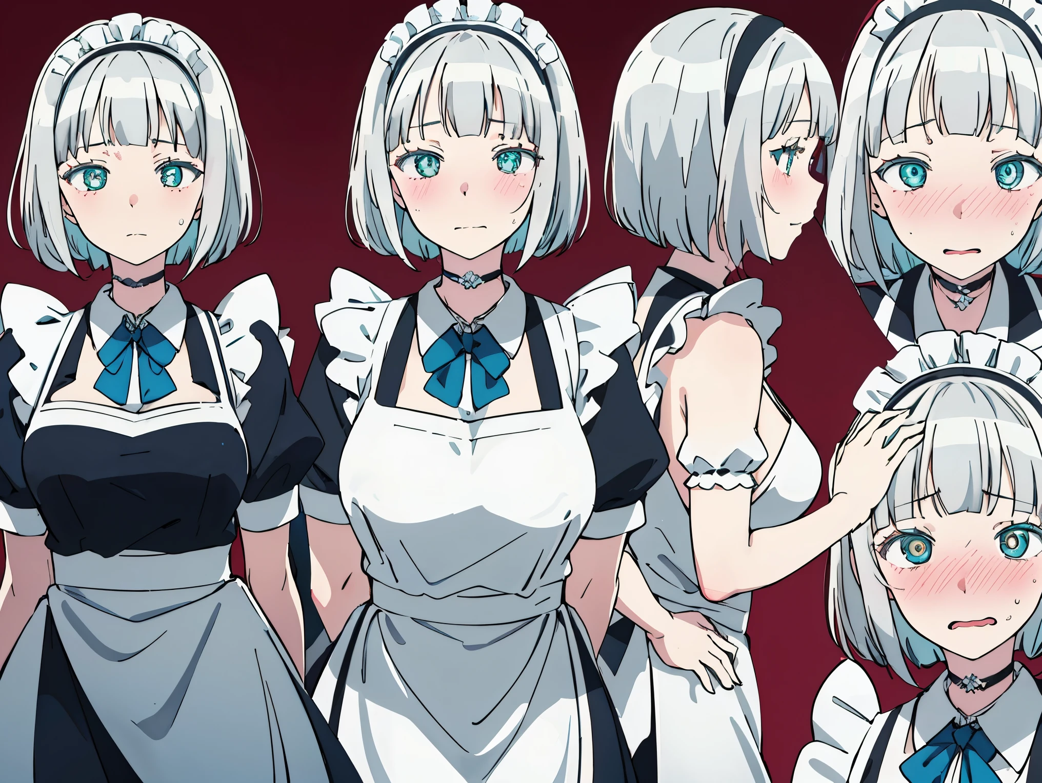 1 girl,AnnaNishikinomiya, white hair, aqua eyes, short hair, black hairband, choker, large breasts,
BREAK (maid,maid headdress, maid apron, blue bow:1.2), BREAK broody,Legs spread posture,Action art,Aim at the enemy,Embarrassed face,Shy face,with blush cheeks,
BREAK ((anime girl)), best quality, expressive eyes, perfect face, (masterpiece), best quality, expressive eyes, perfect face, ((best quality)), ((ultra-detailed)), ((an extremely delicate and beautiful)), perfect eyes, perfect body, ((details pupils)), ((detailed pupils)), ((synmetry eyes)), beautiful eyes, ((thick thighs)), shiny skin, soft skin, ((synmetry body)), ((perfect body)),perfect hands, perfect anatomy),