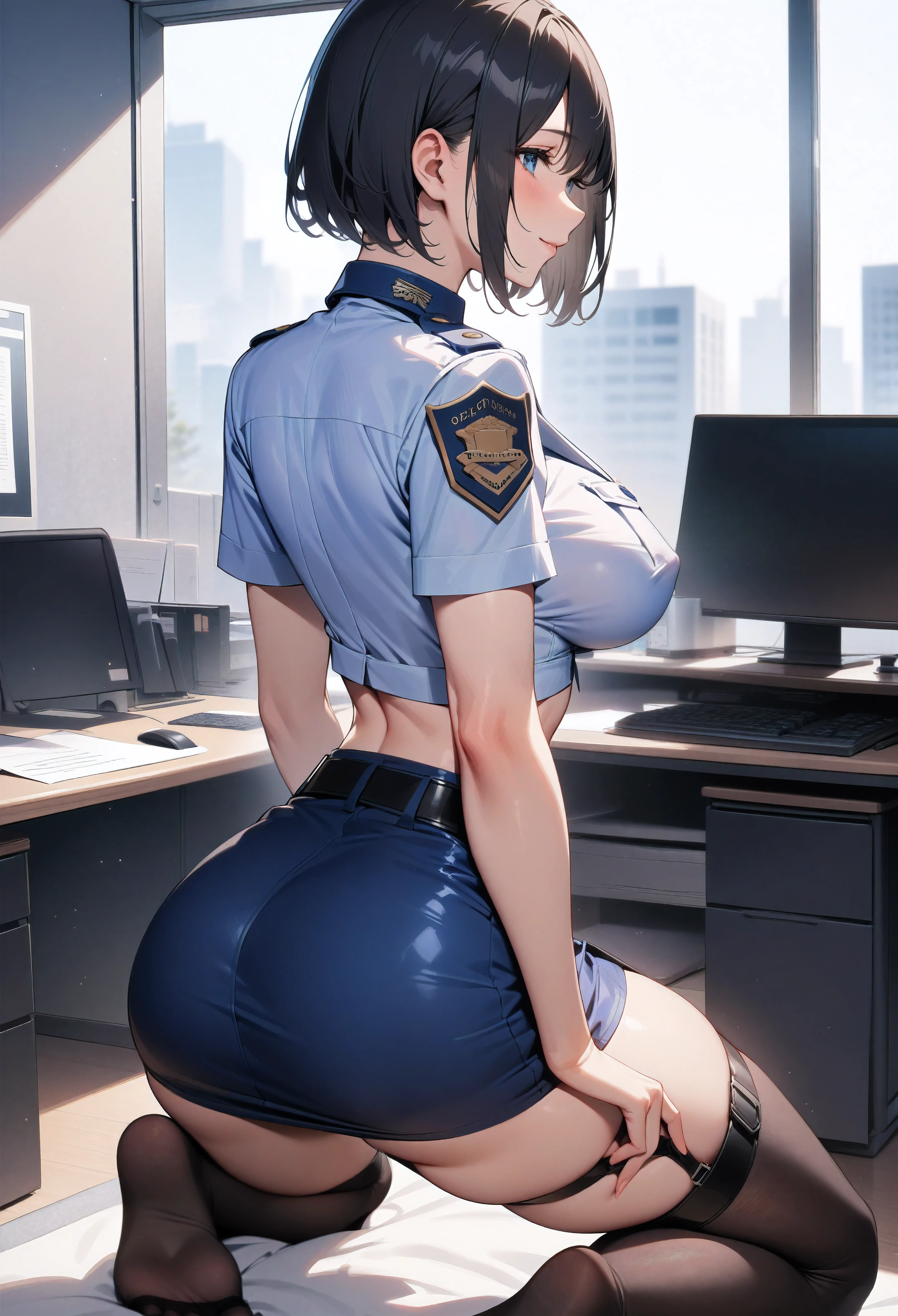 masterpiece, high quality, detailed eyes, 1girl, solo,black medium hair, bobcut, bangs, (large breast1.0),  light smile, (muscular:0.5), (office:1.1), white police uniform,arm badge,  short sleeves, breast pocket, belt, cleavage, Cropped tops, blue short Pencil Skirt,  garter strap, black stockings, choker, thigh strap, covered nipple,  (from behind:1.8) , (back view:1.2) , (Appearance from behind:1.3) ,sexy ,(kneeling:1.3) , black hair